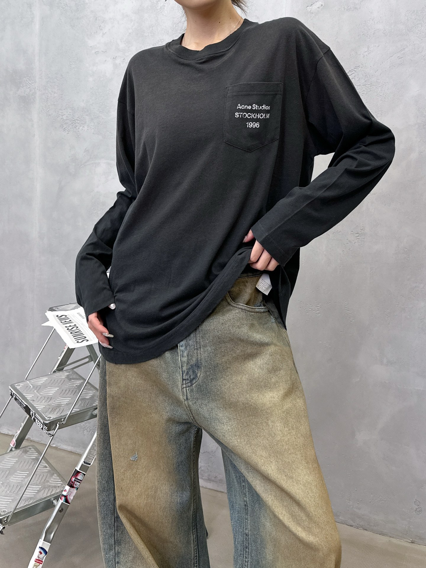 🌾Acne ｜ 新款长袖t，成衣洗水喷色吊磨工艺加印花，日本进口亚麻棉面料，男女同款，尺码sml