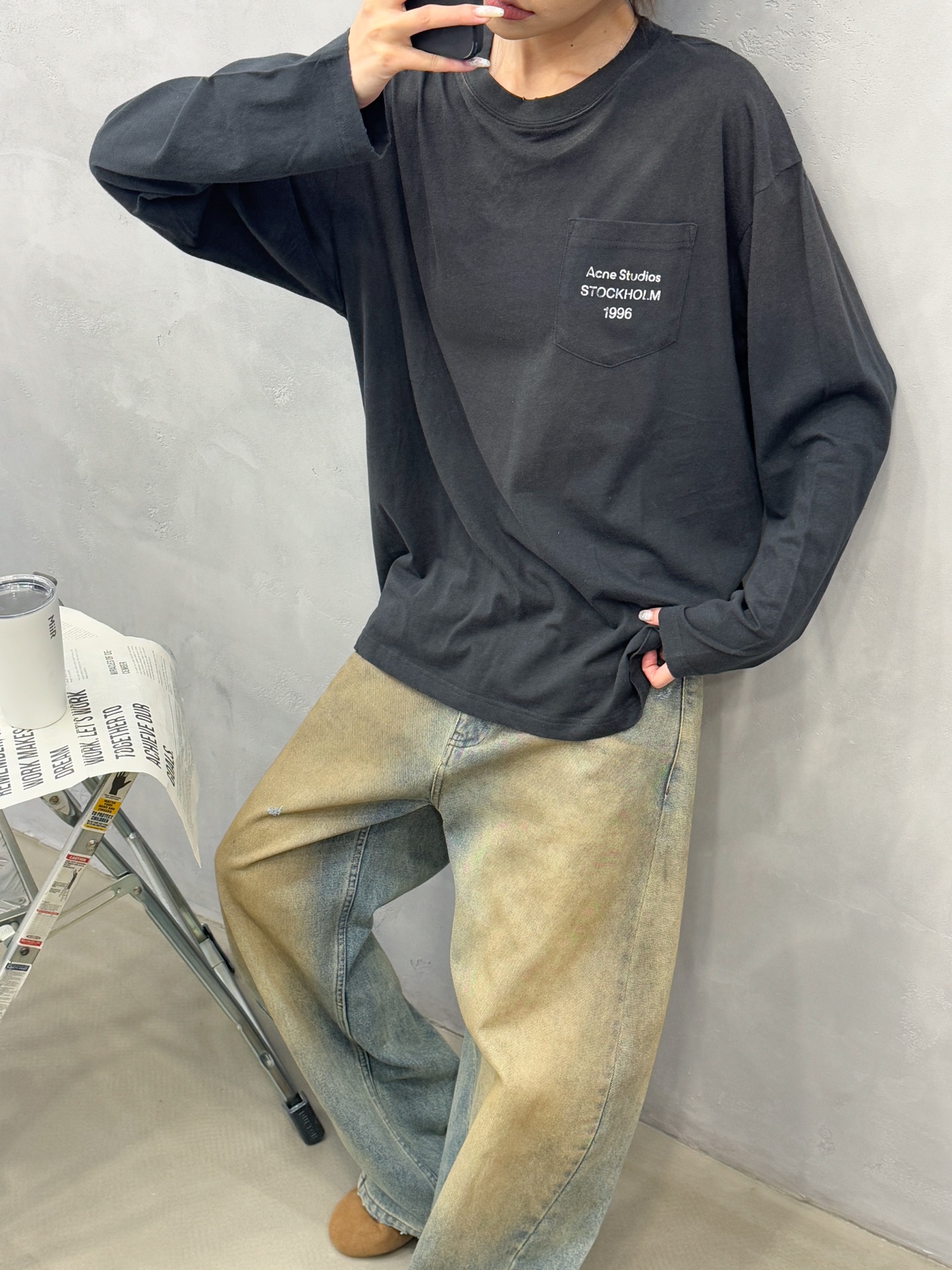 🌾Acne ｜ 新款长袖t，成衣洗水喷色吊磨工艺加印花，日本进口亚麻棉面料，男女同款，尺码sml