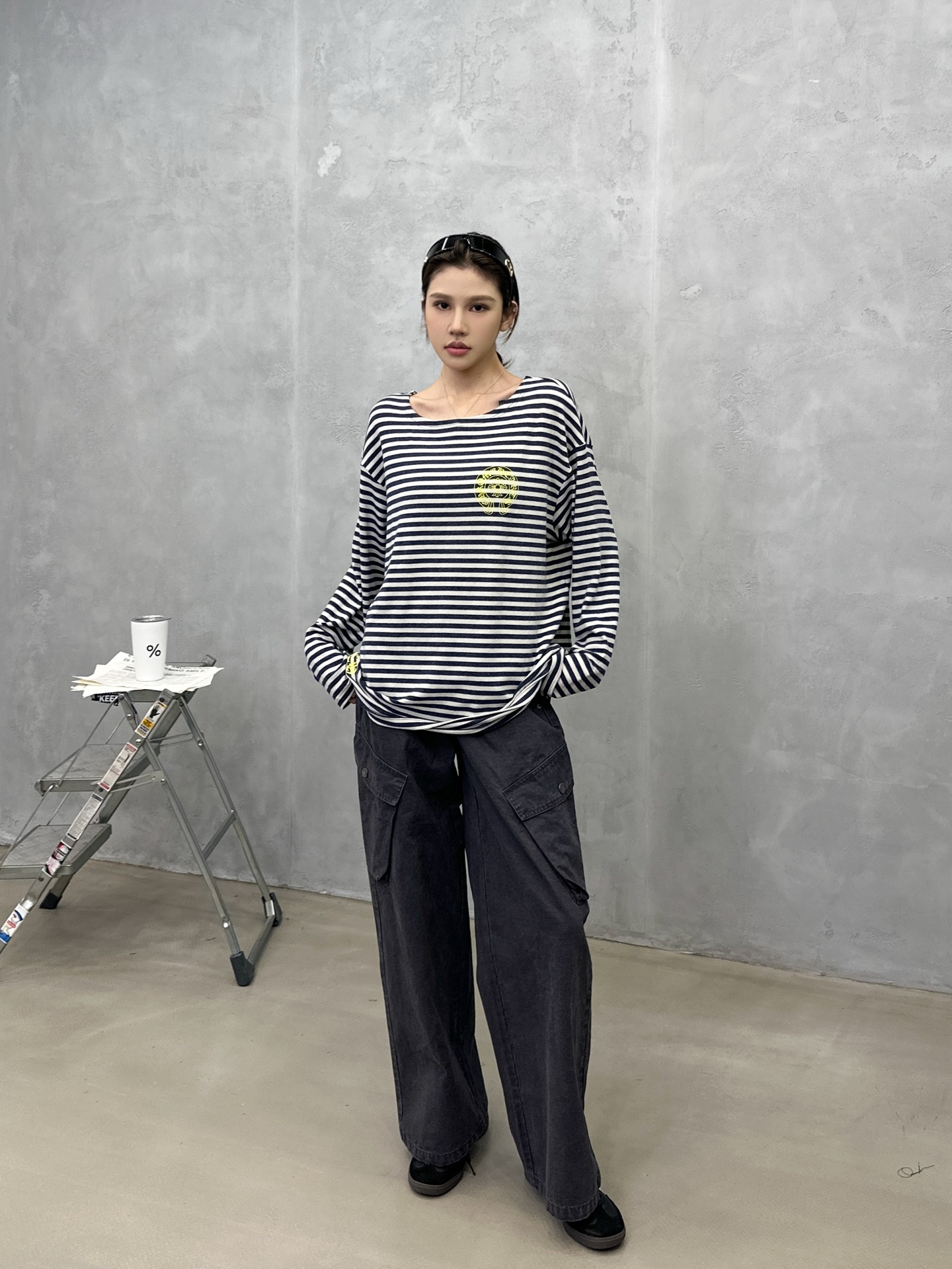 🌾克罗心 ｜ 新款长袖t，成衣洗水多处印花工艺，散口剪边做工，人棉混纺条纹面料，休闲时尚，尺码sml