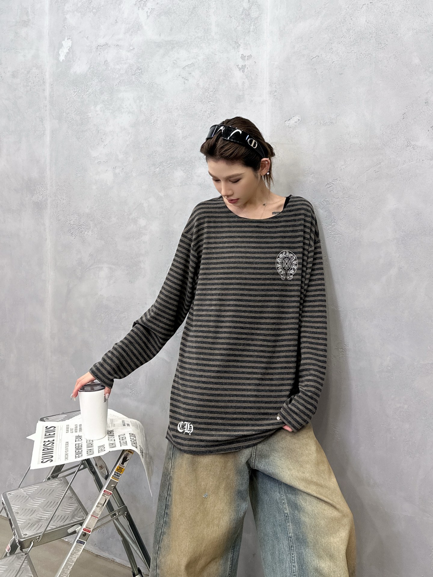 🌾克罗心 ｜ 新款长袖t，成衣洗水多处印花工艺，散口剪边做工，人棉混纺条纹面料，休闲时尚，尺码sml