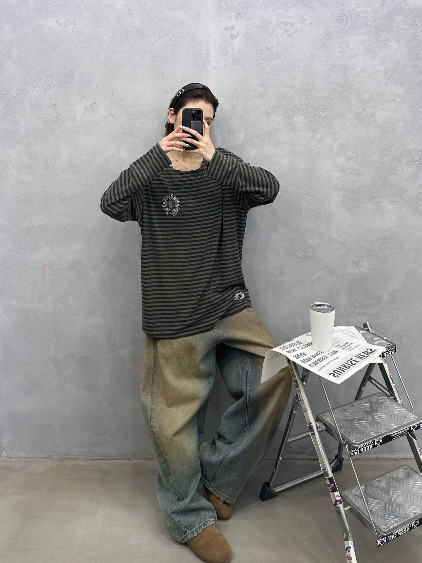 🌾克罗心 ｜ 新款长袖t，成衣洗水多处印花工艺，散口剪边做工，人棉混纺条纹面料，休闲时尚，尺码sml