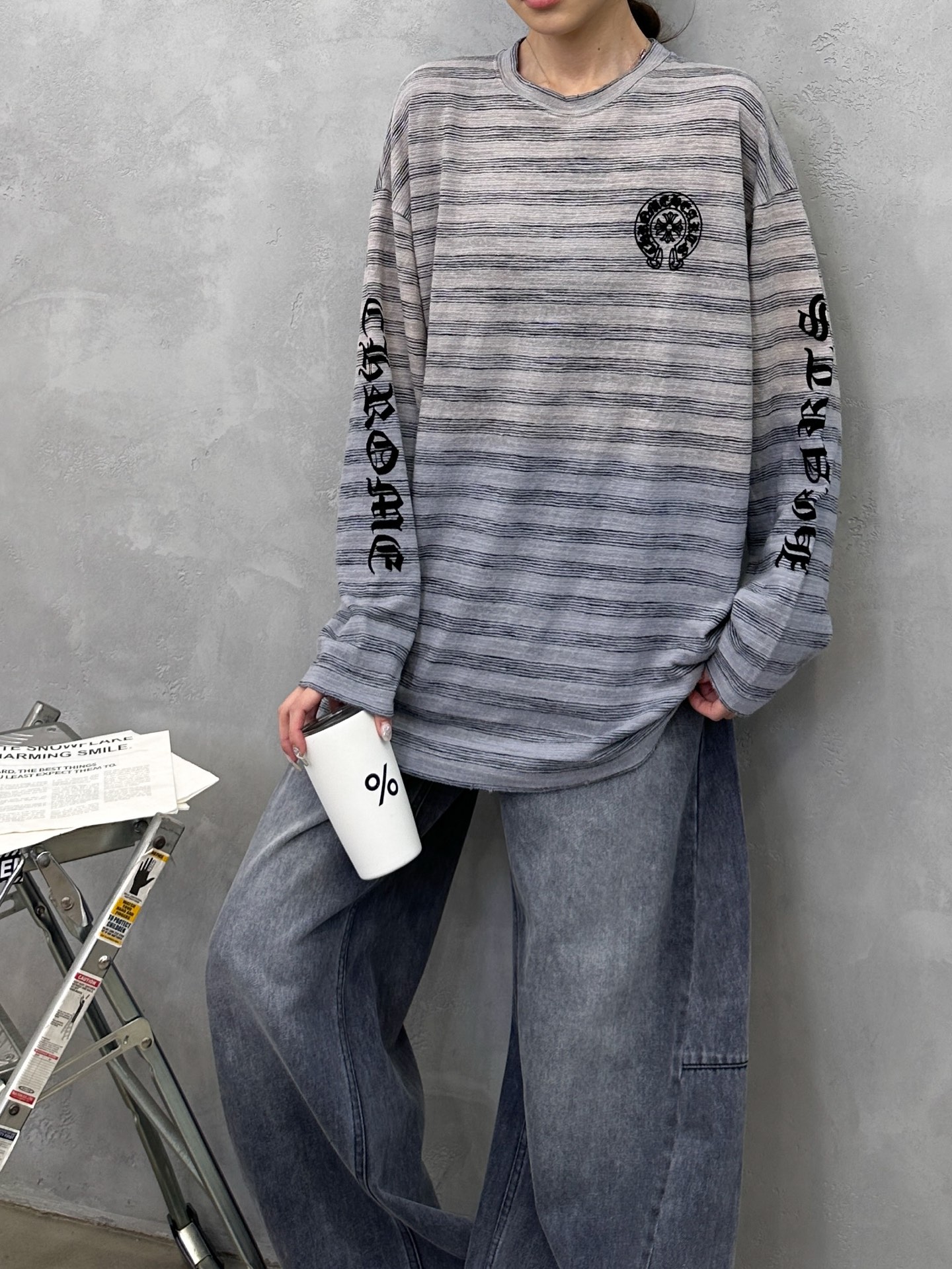 🌾克罗心 ｜ 新款长袖t，成衣洗水喷色吊磨工艺加成衣植绒印花，男女同款，尺码sml