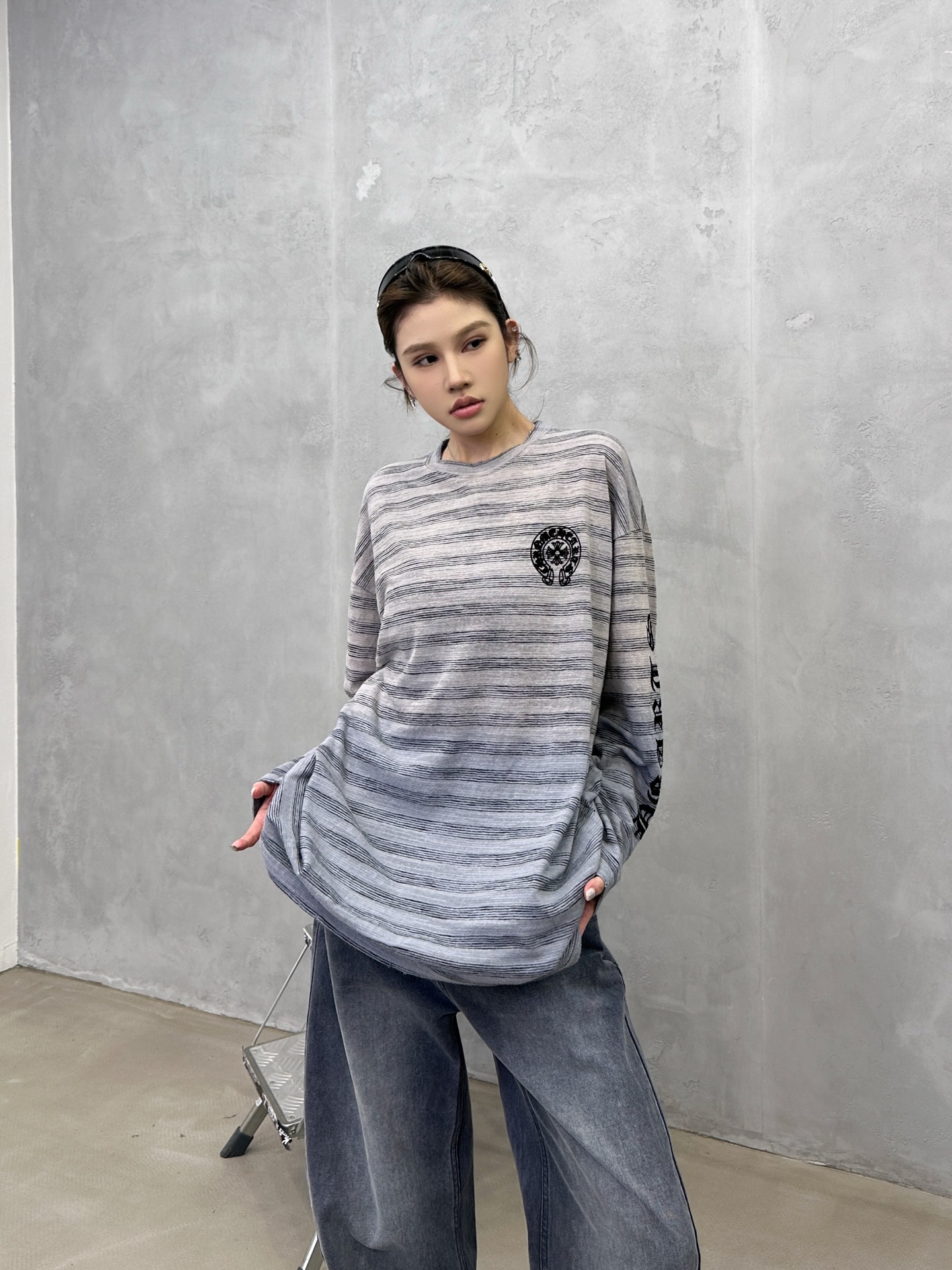 🌾克罗心 ｜ 新款长袖t，成衣洗水喷色吊磨工艺加成衣植绒印花，男女同款，尺码sml