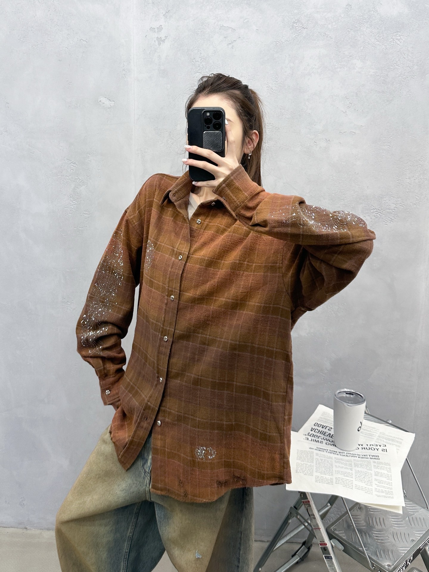 🌾克罗心 ｜ 新款格子衬衣，成衣洗水喷色吊磨工艺加成衣烫钻，全棉格子面料，男女同款，尺码sml