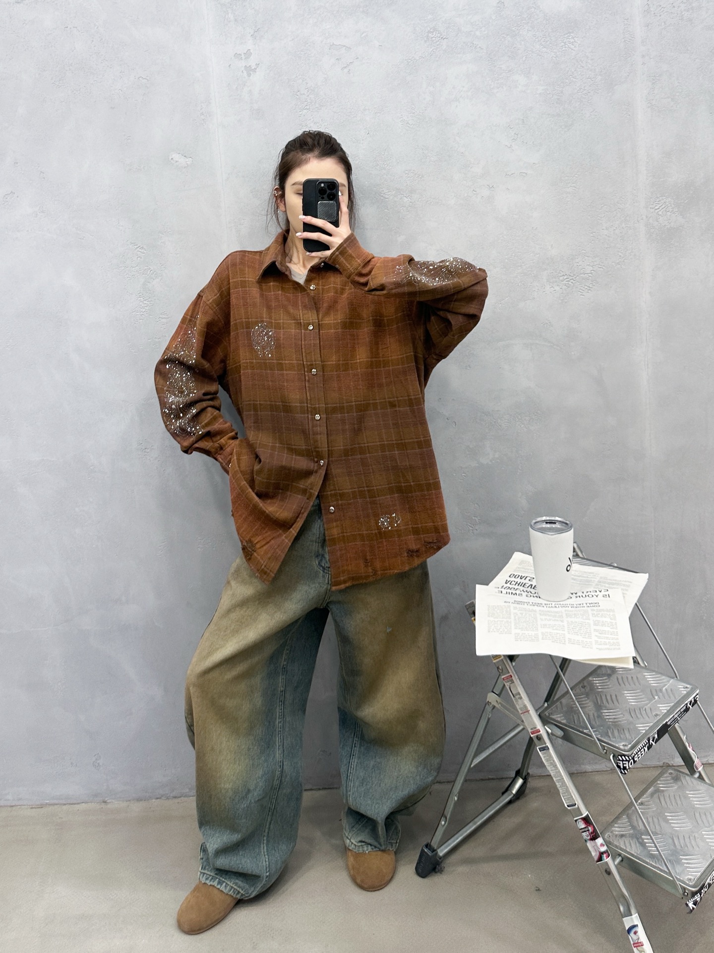 🌾克罗心 ｜ 新款格子衬衣，成衣洗水喷色吊磨工艺加成衣烫钻，全棉格子面料，男女同款，尺码sml