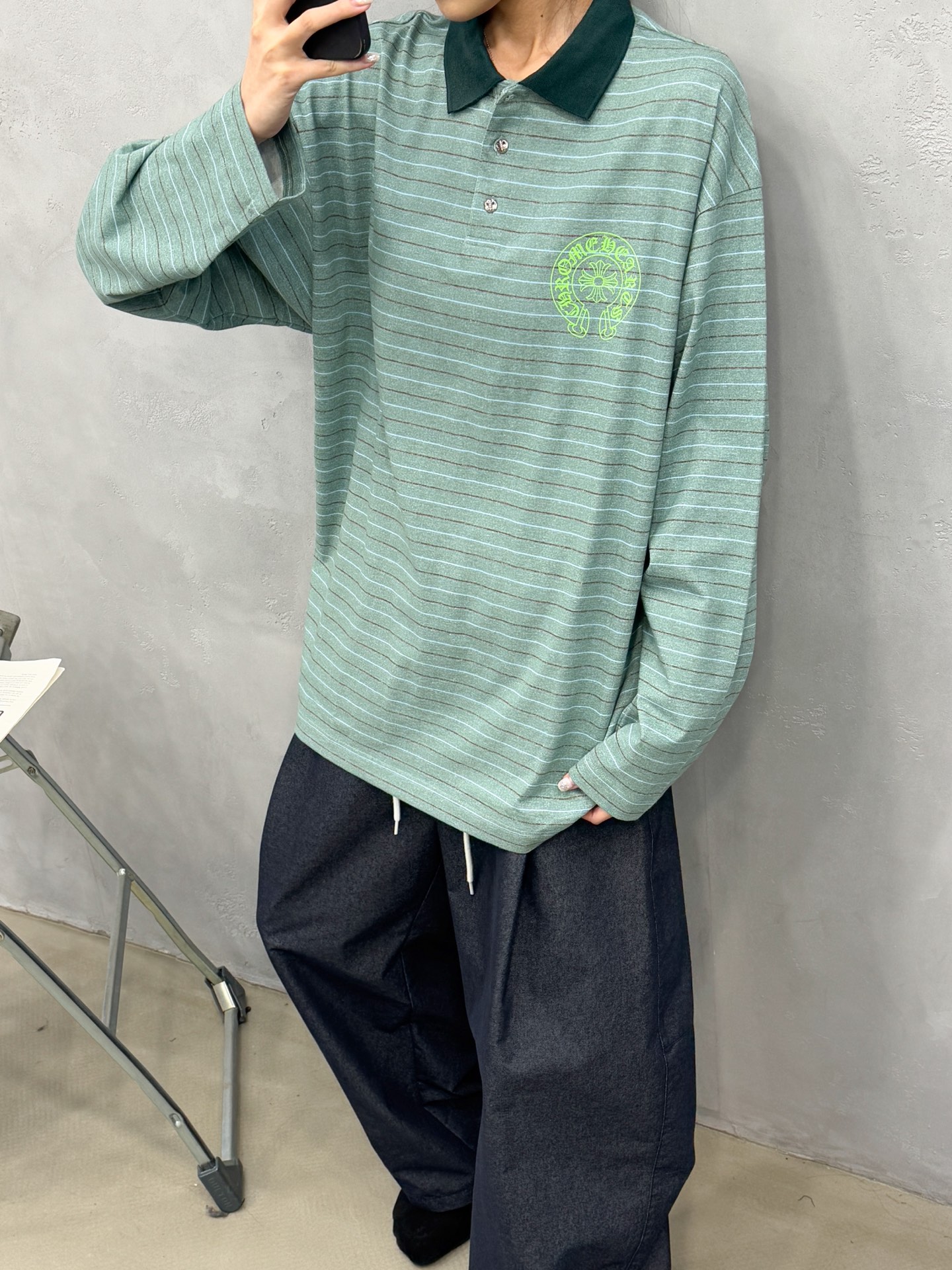 💰克罗心 ｜ 新款长袖t，成衣洗水印花工艺，polo款式设计，特殊条纹面料，男女同款，尺码sml