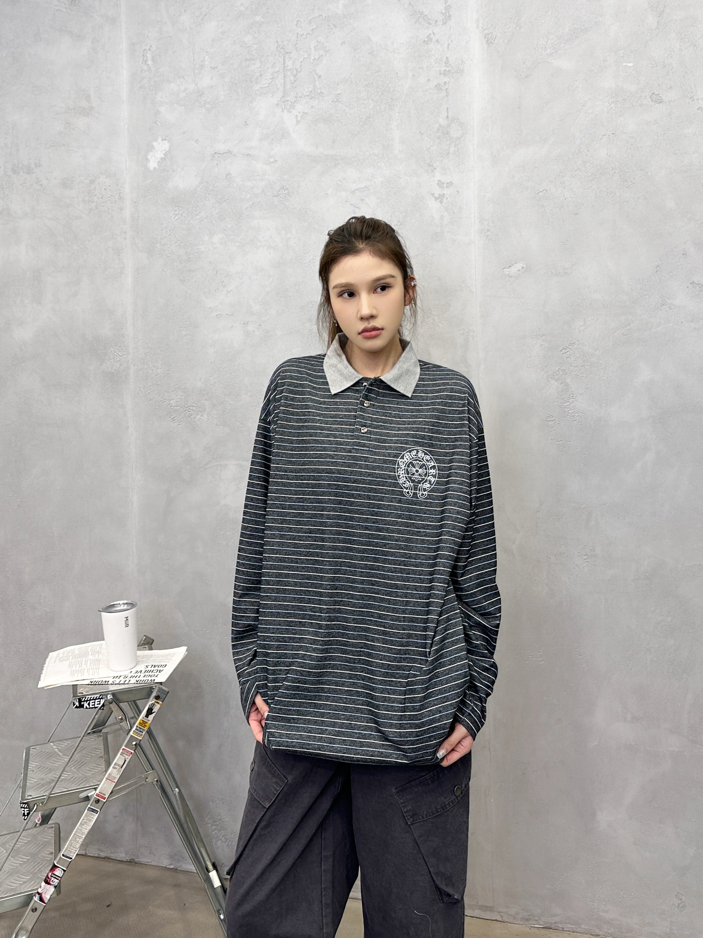 💰克罗心 ｜ 新款长袖t，成衣洗水印花工艺，polo款式设计，特殊条纹面料，男女同款，尺码sml