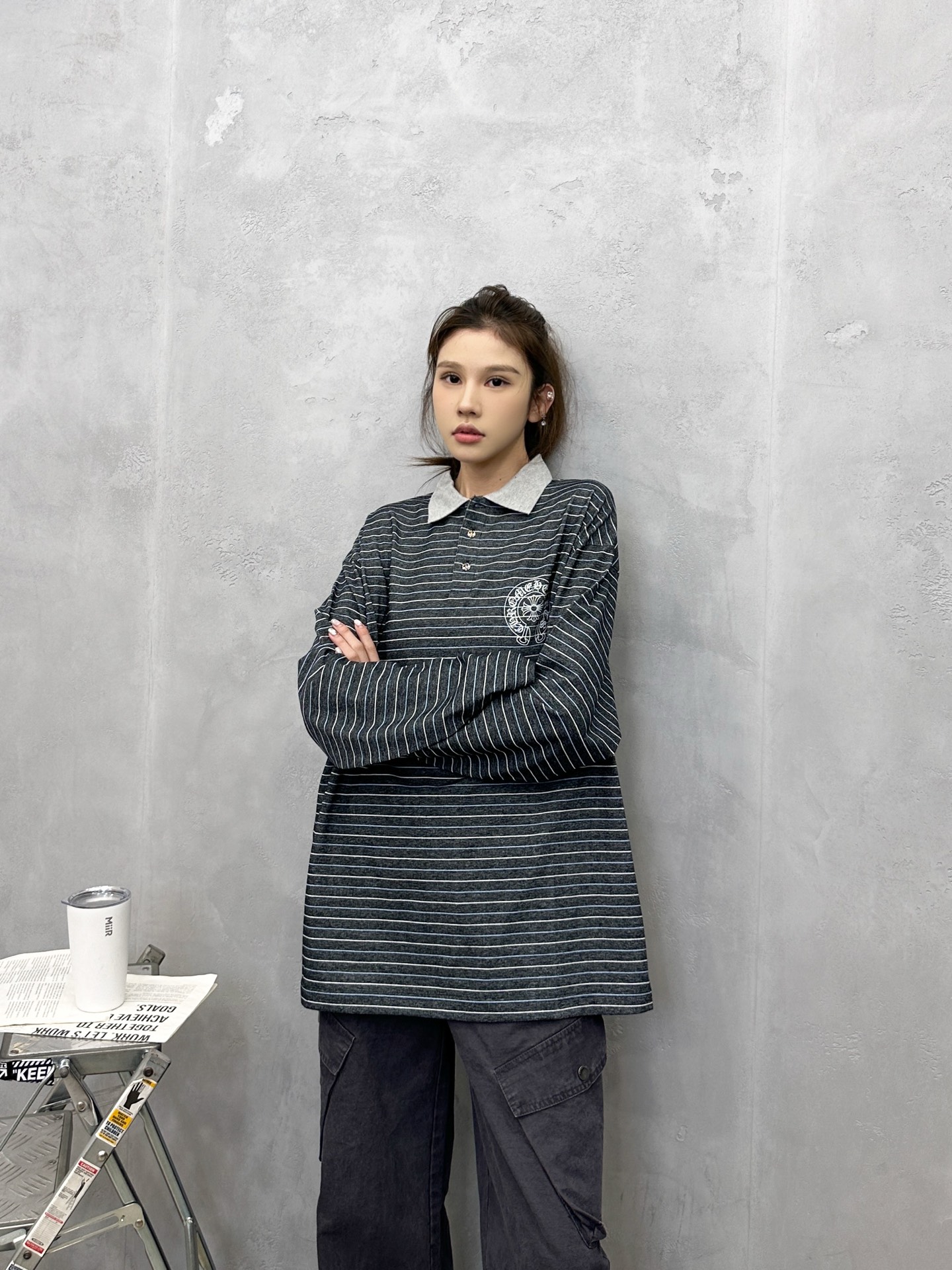 💰克罗心 ｜ 新款长袖t，成衣洗水印花工艺，polo款式设计，特殊条纹面料，男女同款，尺码sml