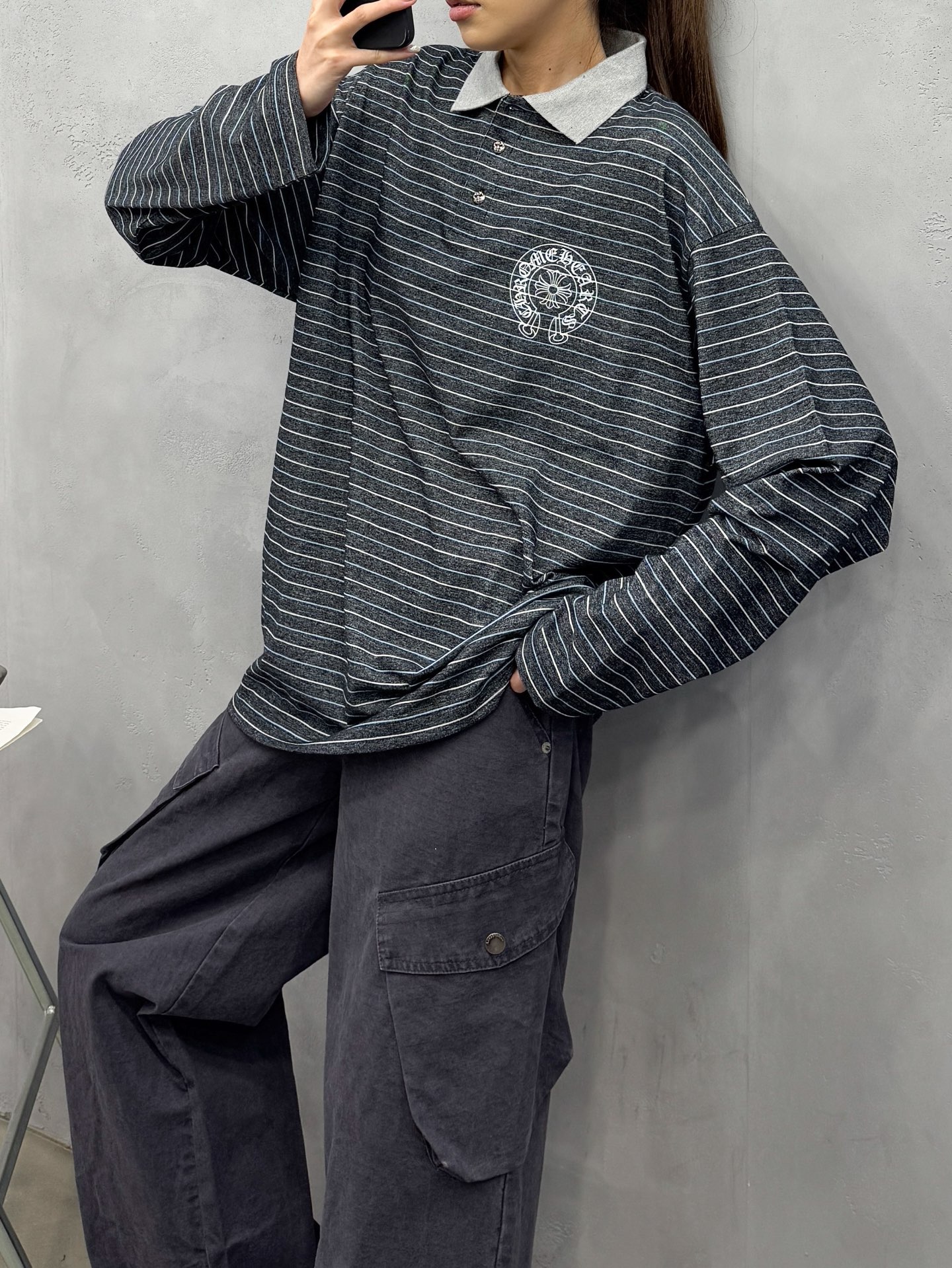 💰克罗心 ｜ 新款长袖t，成衣洗水印花工艺，polo款式设计，特殊条纹面料，男女同款，尺码sml