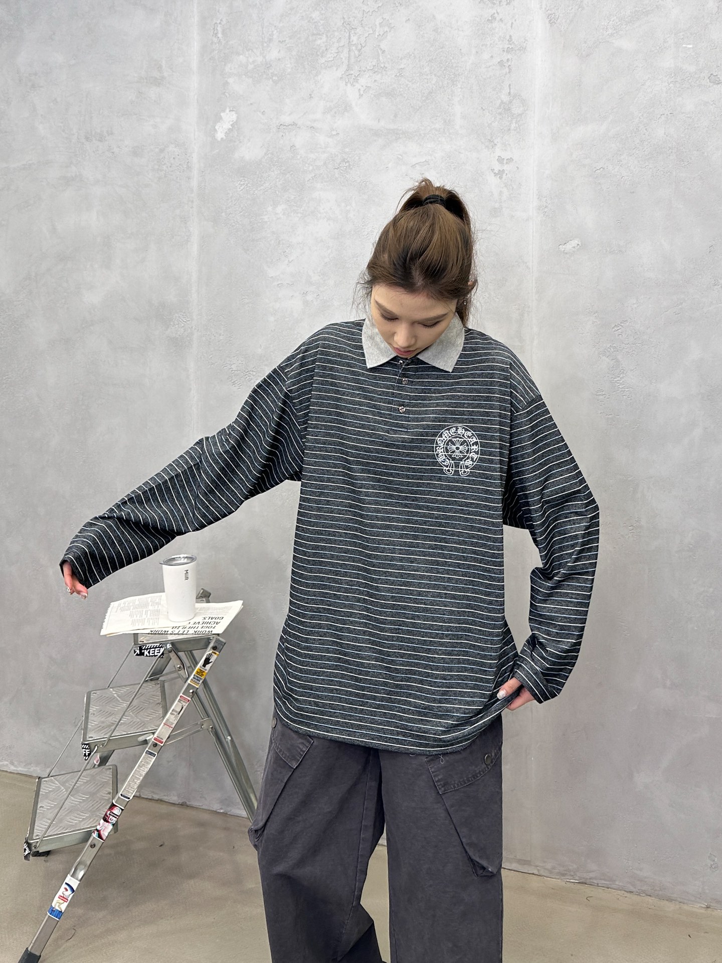 💰克罗心 ｜ 新款长袖t，成衣洗水印花工艺，polo款式设计，特殊条纹面料，男女同款，尺码sml