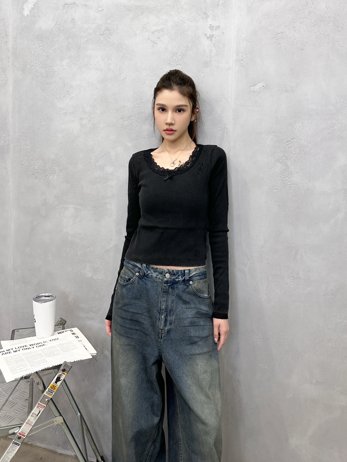 🌾巴黎 ｜ 新款毛织打底，成衣洗水磨破工艺加蕾丝边拼接做工，尺码sml