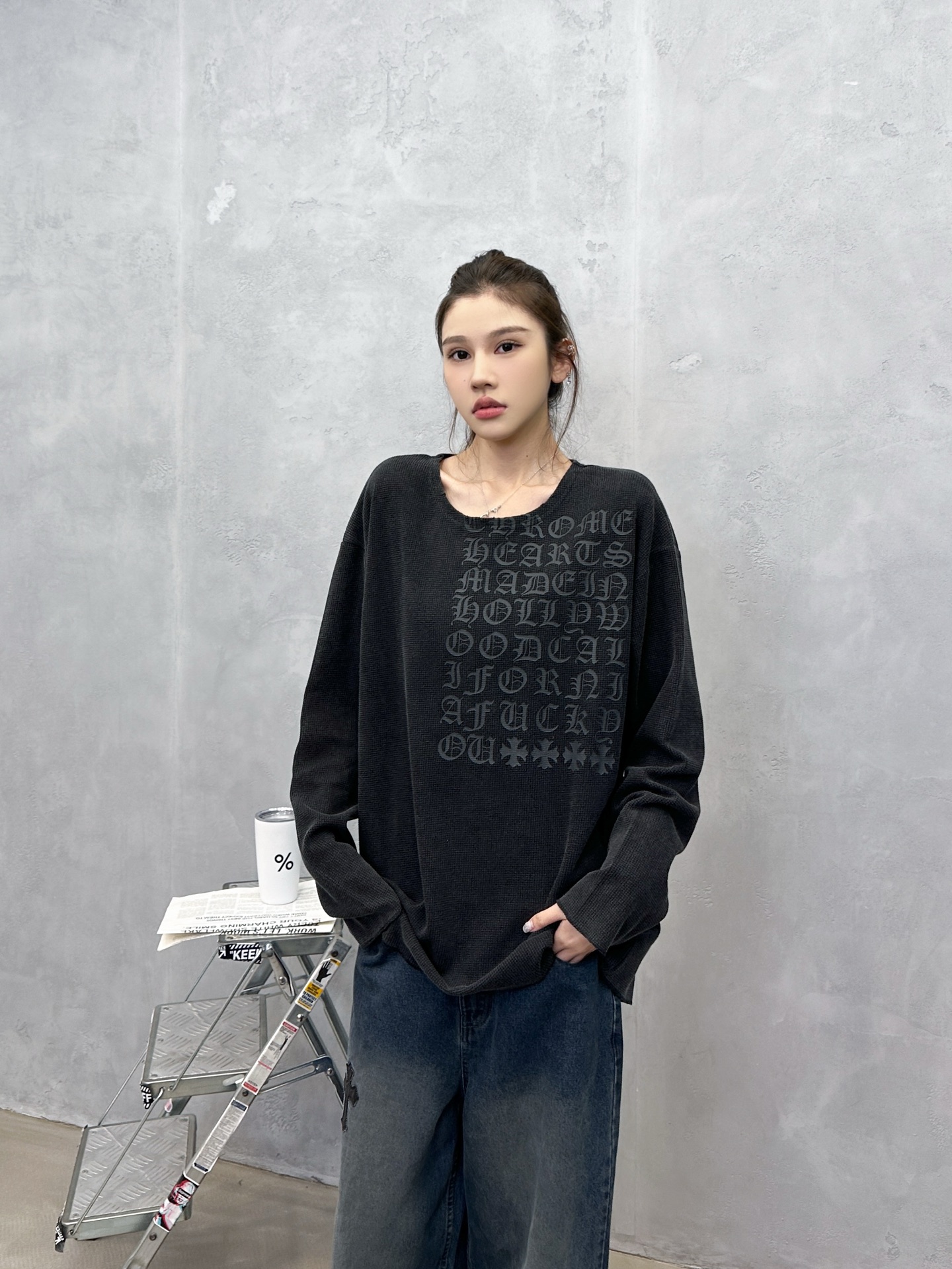 🌾克罗心 ｜ 新款长袖t，成衣洗水炒色吊磨工艺加成衣印花，经典华夫格面料，男女同款，尺码sml