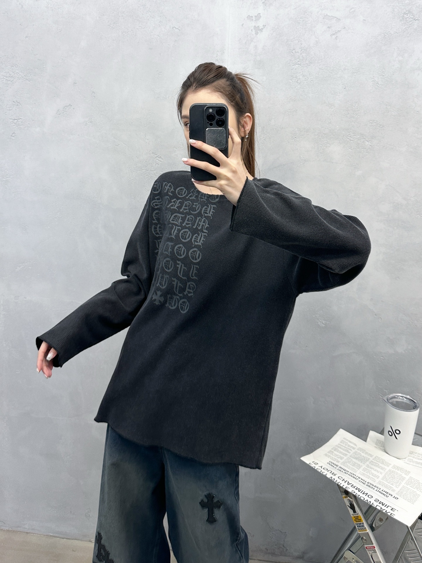 🌾克罗心 ｜ 新款长袖t，成衣洗水炒色吊磨工艺加成衣印花，经典华夫格面料，男女同款，尺码sml