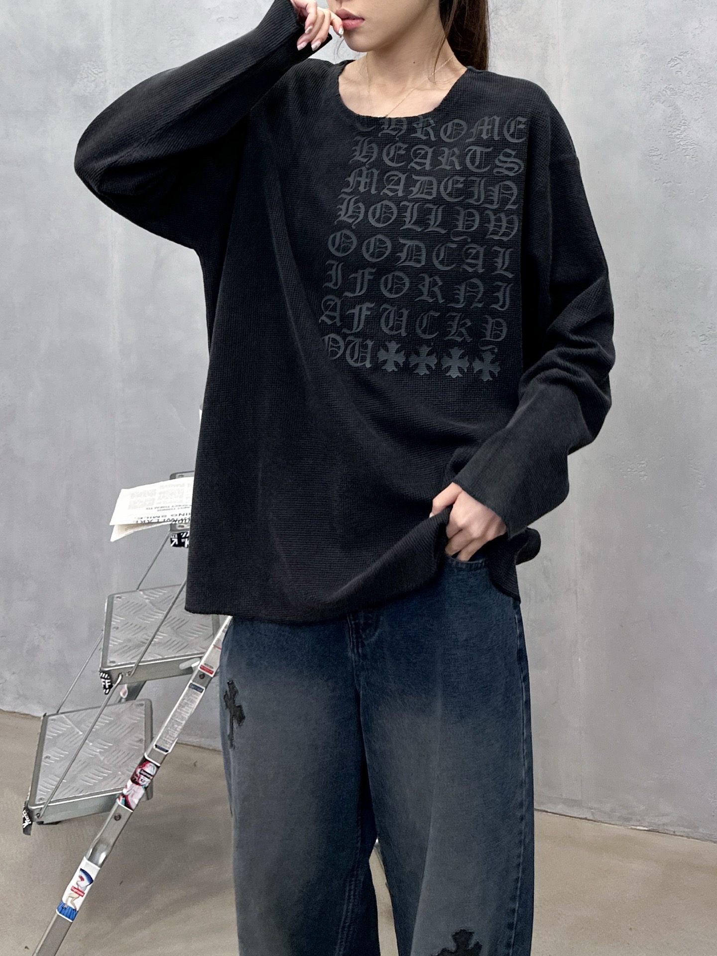 🌾克罗心 ｜ 新款长袖t，成衣洗水炒色吊磨工艺加成衣印花，经典华夫格面料，男女同款，尺码sml