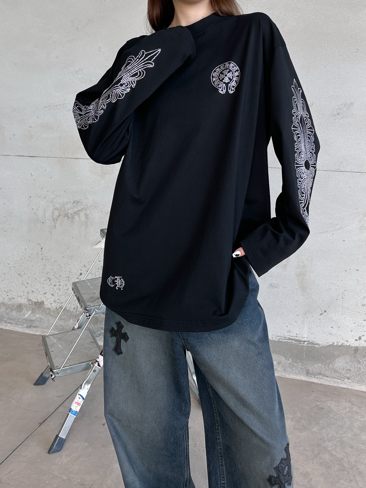 🌾克罗心 ｜ 新款长袖t，成衣洗水加5处烫钻工艺，休闲时尚，尺码sml