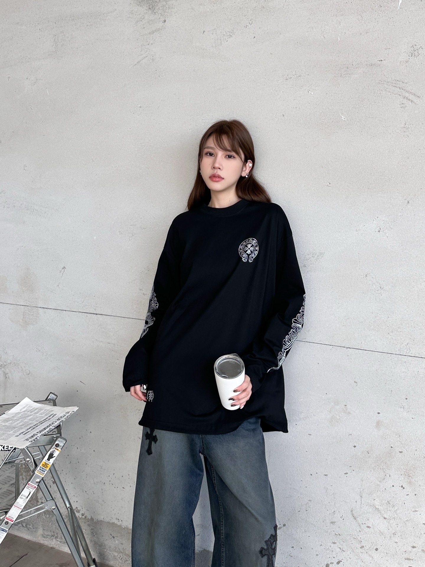 🌾克罗心 ｜ 新款长袖t，成衣洗水加5处烫钻工艺，休闲时尚，尺码sml