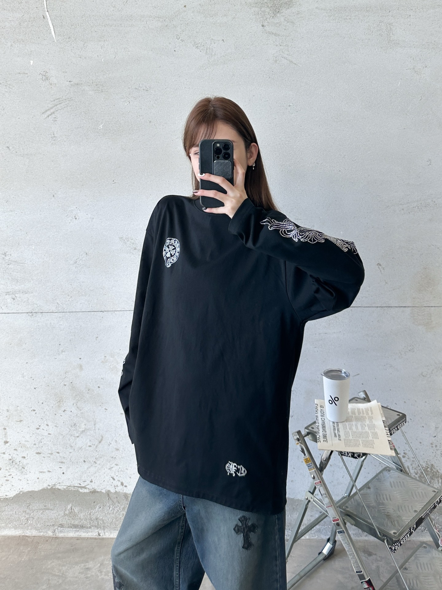 🌾克罗心 ｜ 新款长袖t，成衣洗水加5处烫钻工艺，休闲时尚，尺码sml