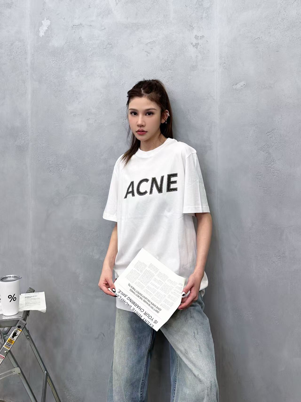 Acne ｜ 新款短袖t，成衣洗水拔印印花工艺加对位烫钻，男女同款，尺码sml