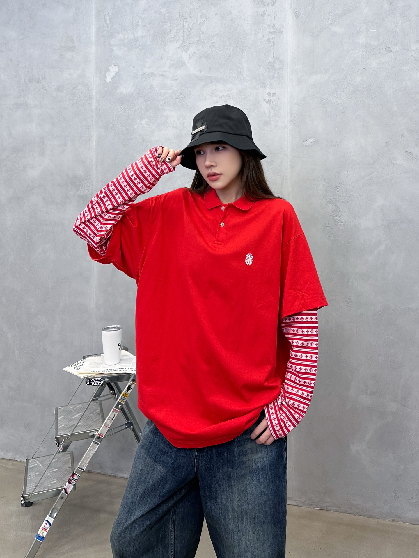 克罗心 ｜ 新款长袖polo，成衣洗水吊磨工艺，经典刺绣标，品牌提花面料拼接假两件款式，男女同款，尺码s