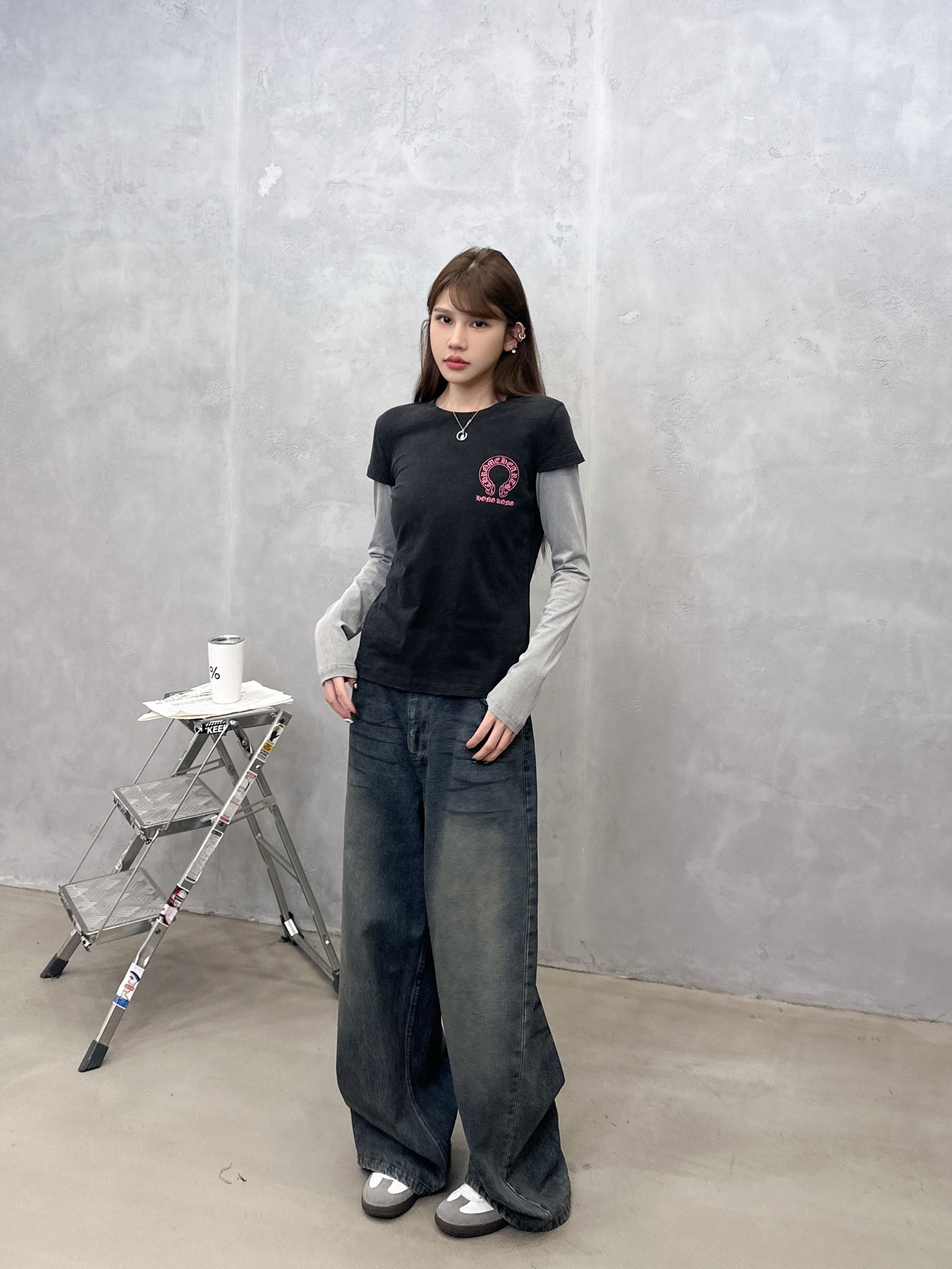 克罗心 ｜ 新款长袖t，成衣洗水炒色印花工艺，经典假两件款式，休闲时尚，尺码sml