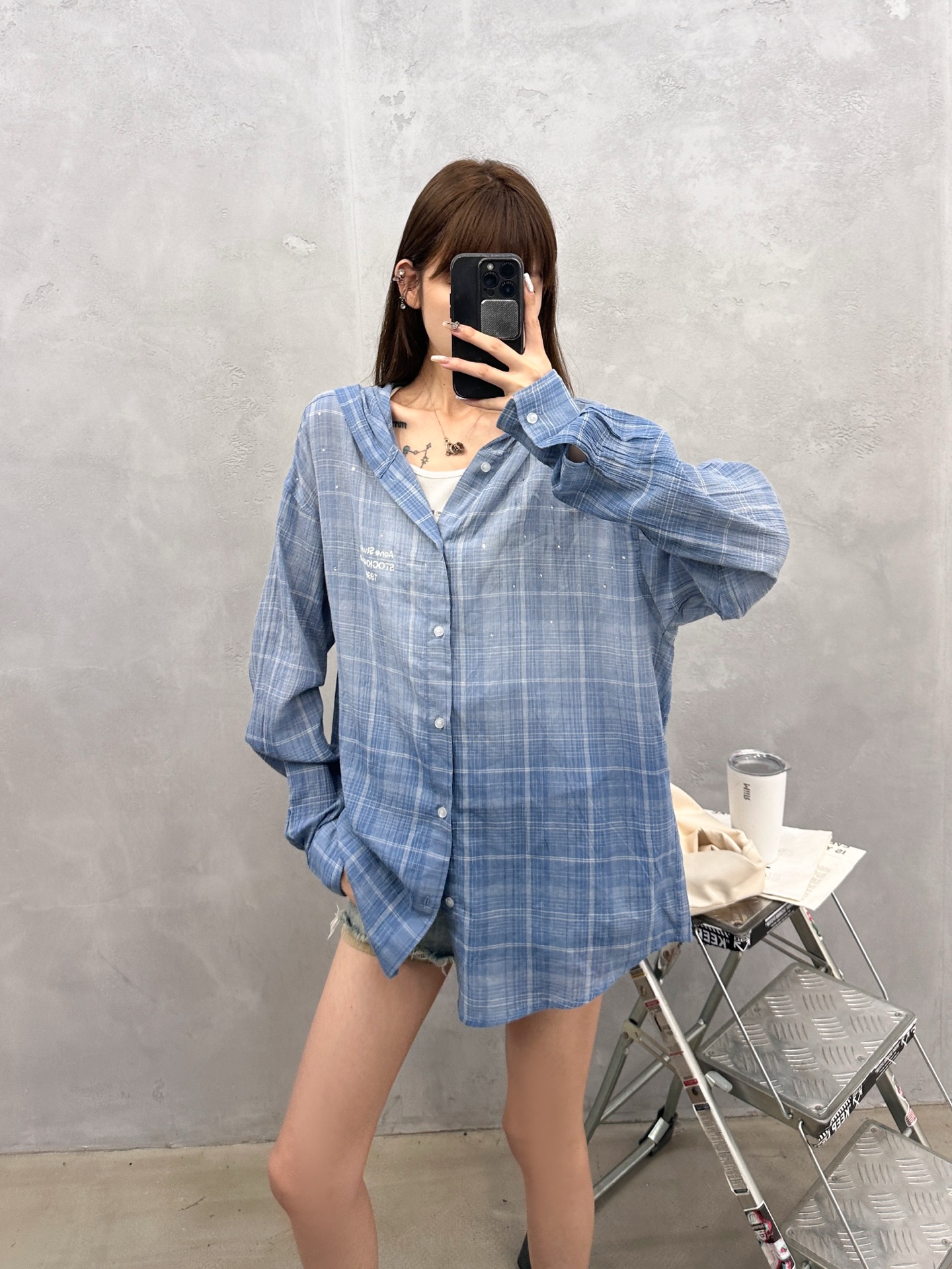 Acne ｜ 新款休闲衬衣，成衣洗水喷色印花烫钻工艺加全棉色织格纹面料，休闲时尚，尺码sml