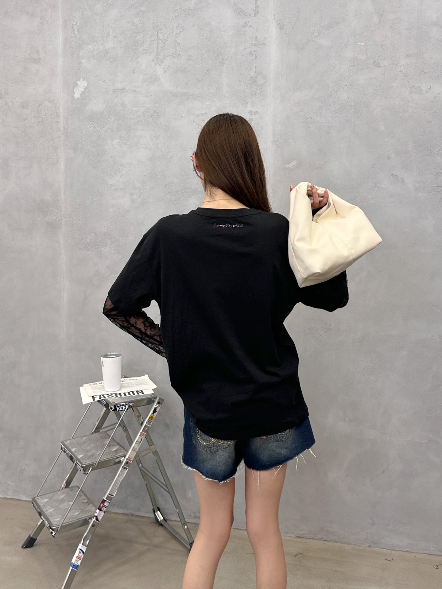 Acne ｜ 新款假两件长袖t，品牌经典字母烫钻工艺，高黏棉面料拼接蕾丝袖假两件款式，时尚休闲，尺码sm