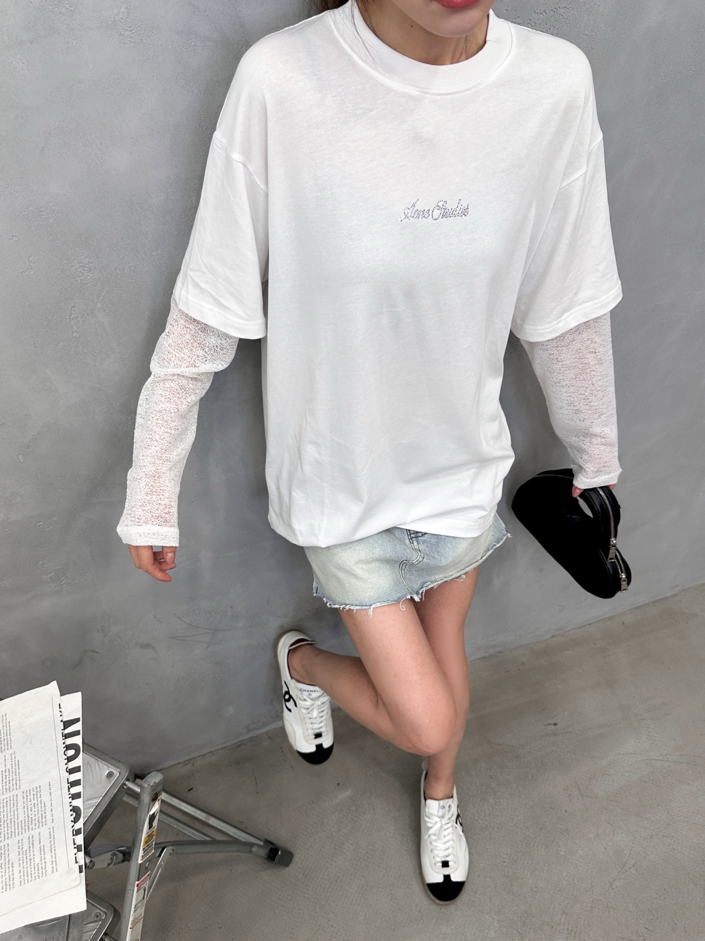 Acne ｜ 新款假两件长袖t，日本进口莫代尔莱赛尔亚麻棉面料拼接亚麻混纺假两件袖子，前后烫钻标，休闲时尚，尺码sml