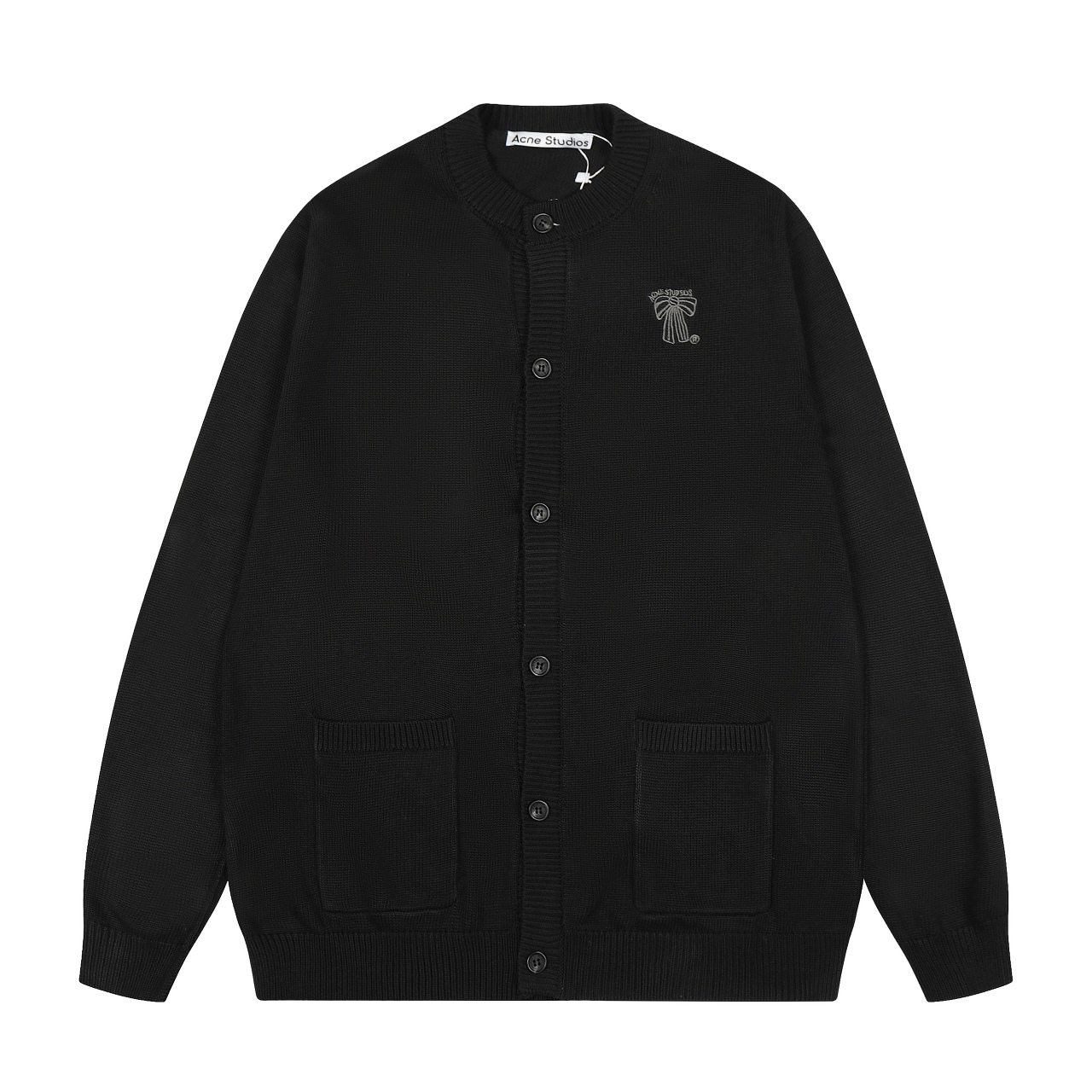 ACNE 25新款简约基础蝴蝶结LOGO刺绣针织毛衣开衫 休闲百搭慵懒风 高版本随意对比 款号:7702 批发价 颜色:黑色