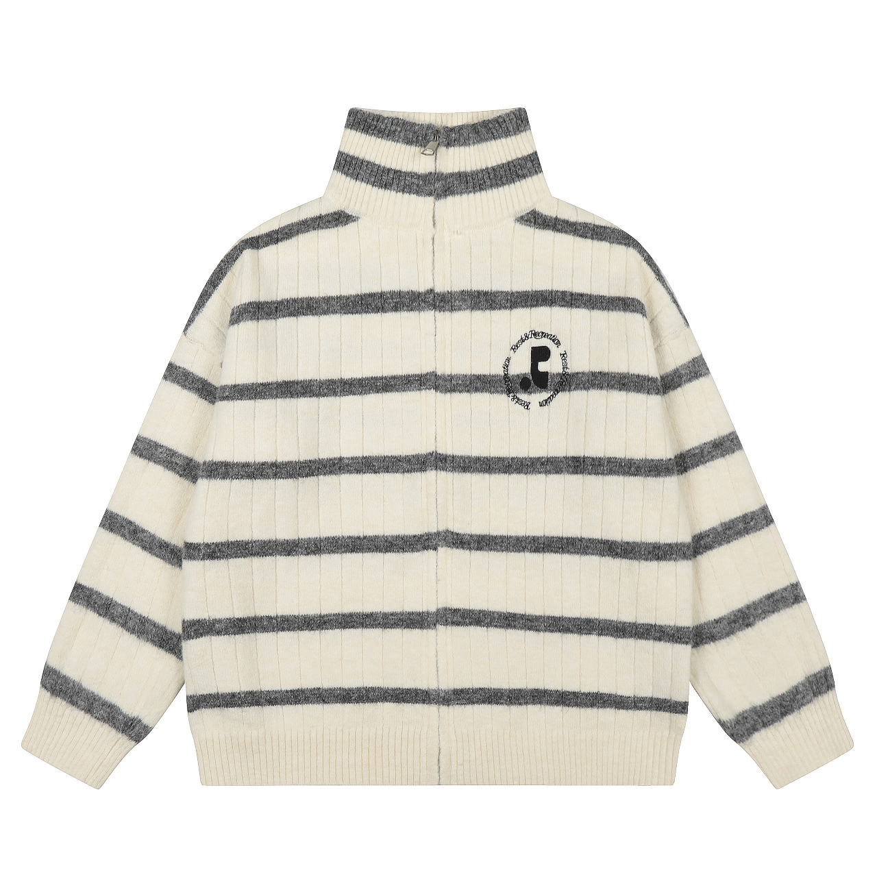 Rest&Recreation经典刺绣LOGO复古条纹高领立领拉链针织毛衣开衫 宽松版型 休闲慵懒风 独家最高品质 模特图已保护 款号:5516 批发价 F 颜色:灰色 白色