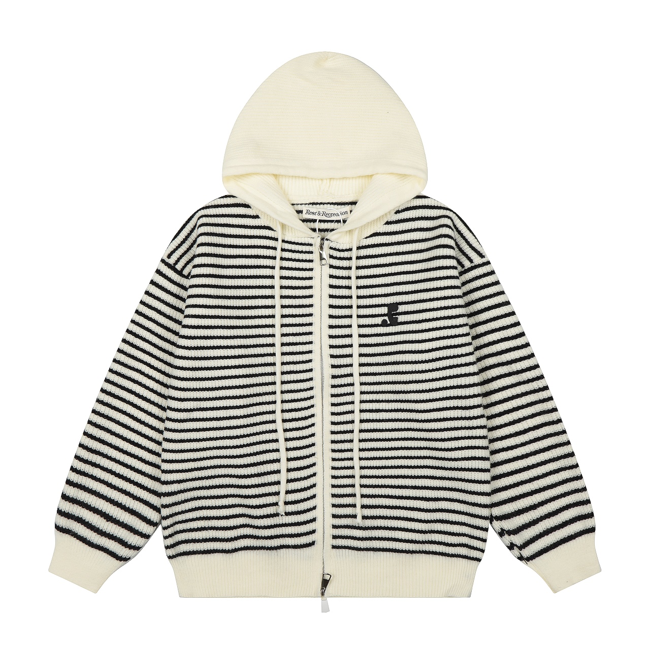 Rest&Recreation经典刺绣LOGO复古拼色条纹连帽拉链针织毛衣开衫 上身百搭超出片 独家最高品质 模特图已保护 款号:5518 批发价 F 颜色:灰色 米白色