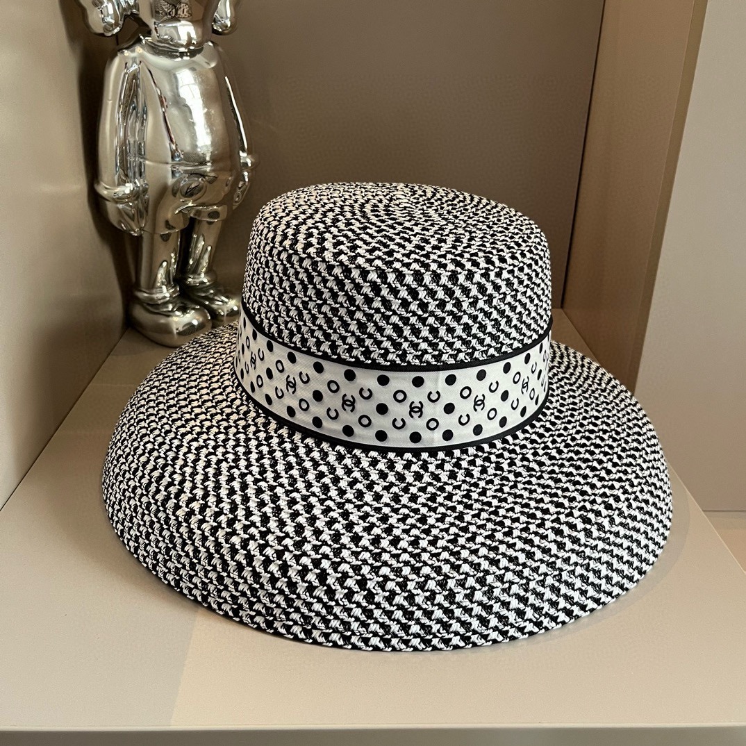 Chanel香奈儿灯笼遮阳帽镂空草帽头围57cm