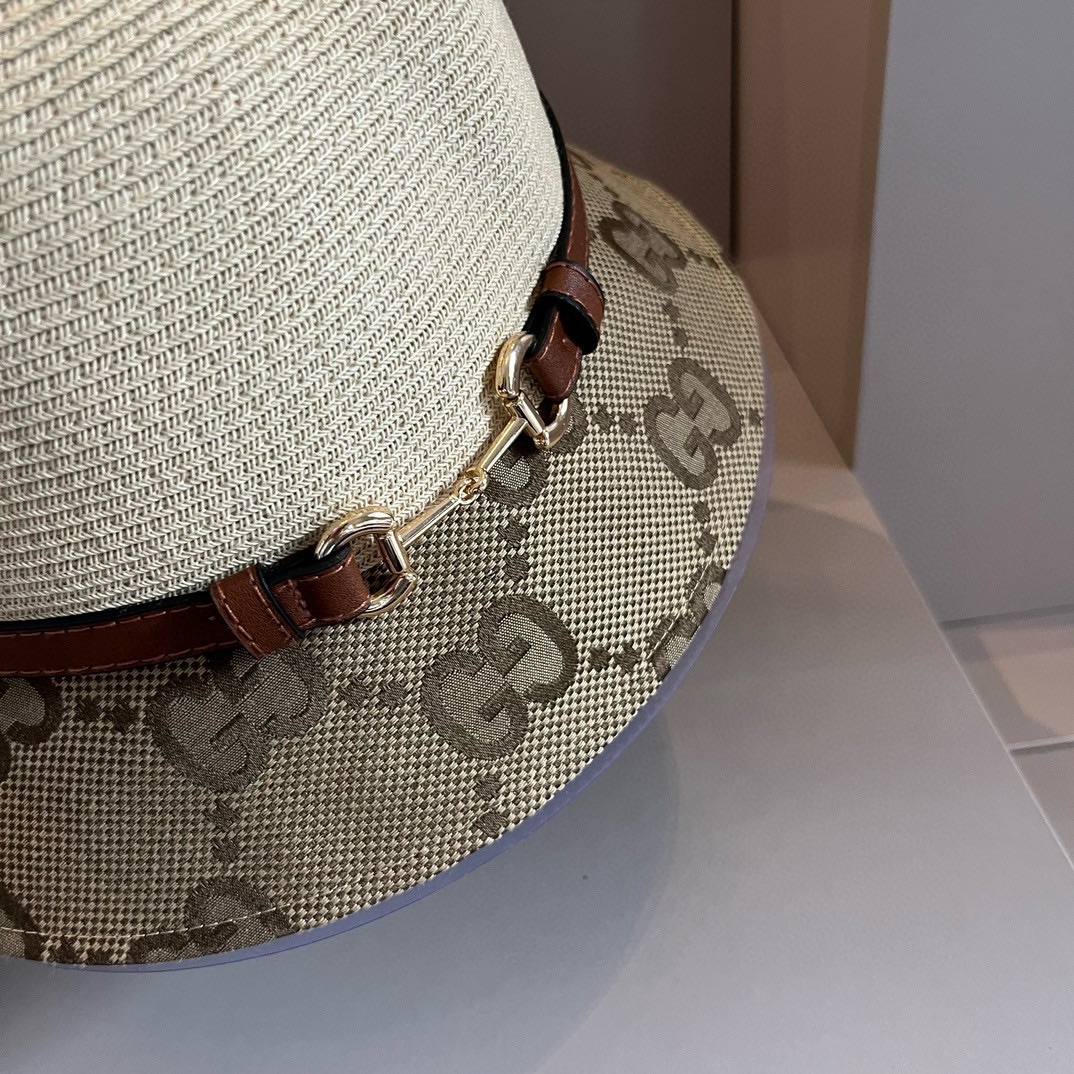 Gucci古琦皮带款草帽细草盆帽方便携带高端定制头围57cm米卡其两色