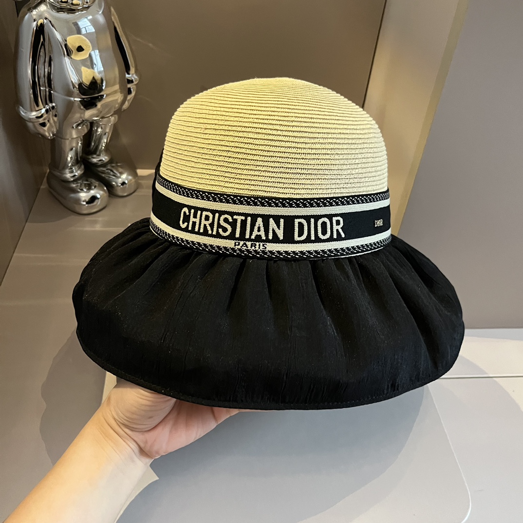 ¥ Sombrero de paja nuevo de Dior, sombrero de tela plegable y cosida, estilo dama, circunferencia de cabeza 57cm, sombr…
