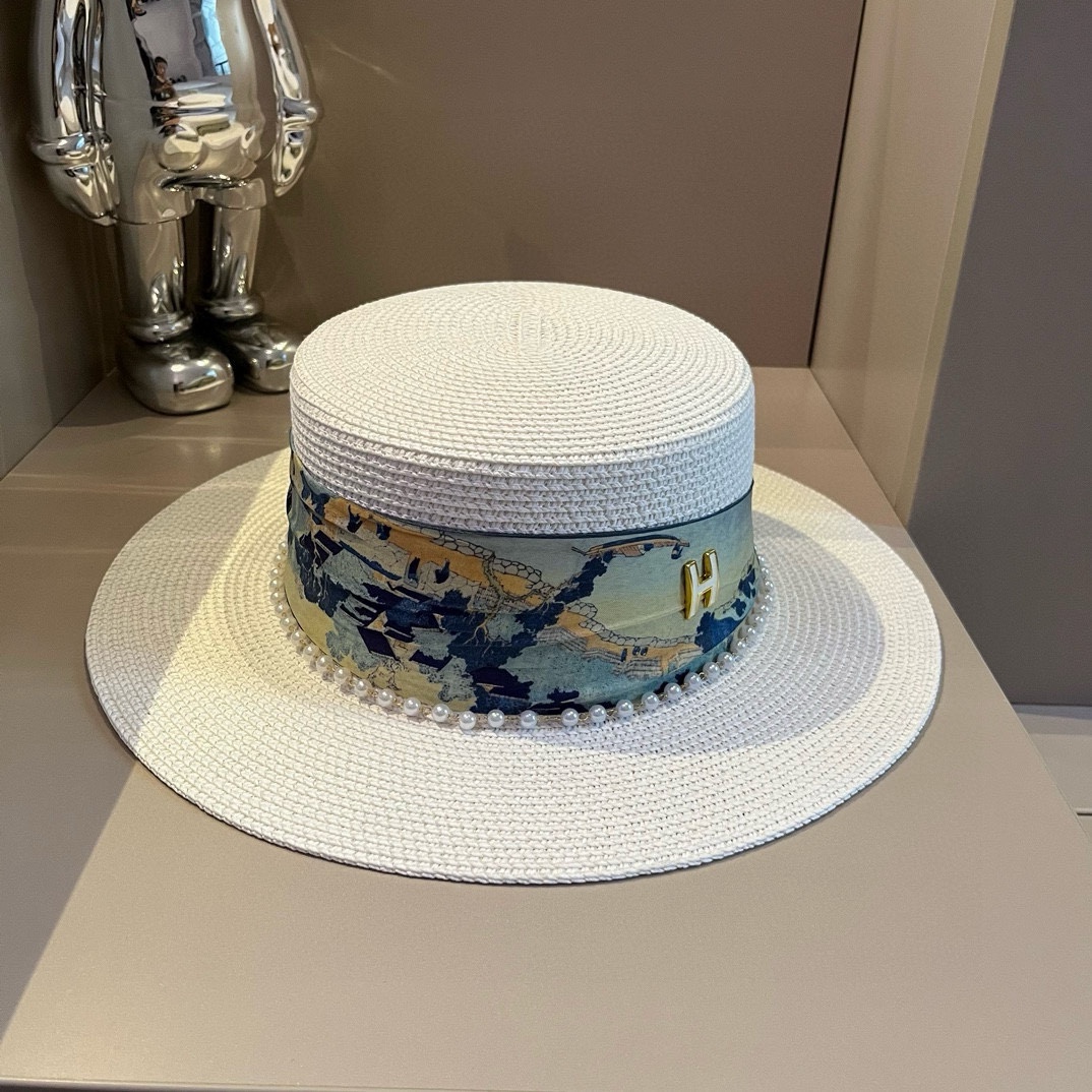 ¥ Sombrero de paja nuevo de Hermès, sombrero de copa plana, circunferencia de cabeza 57cm, sombrero de pescador, gorra …