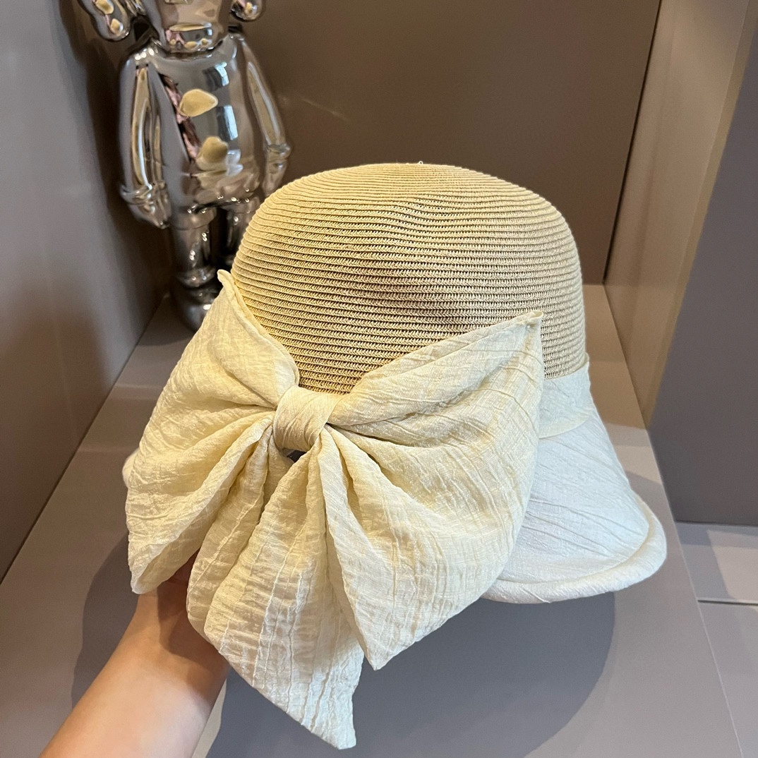 ¥ Dior Dior sombrero de paja estilo dama elegante, sombrero de paja con lazo, plegable, circunferencia de cabeza 57cm