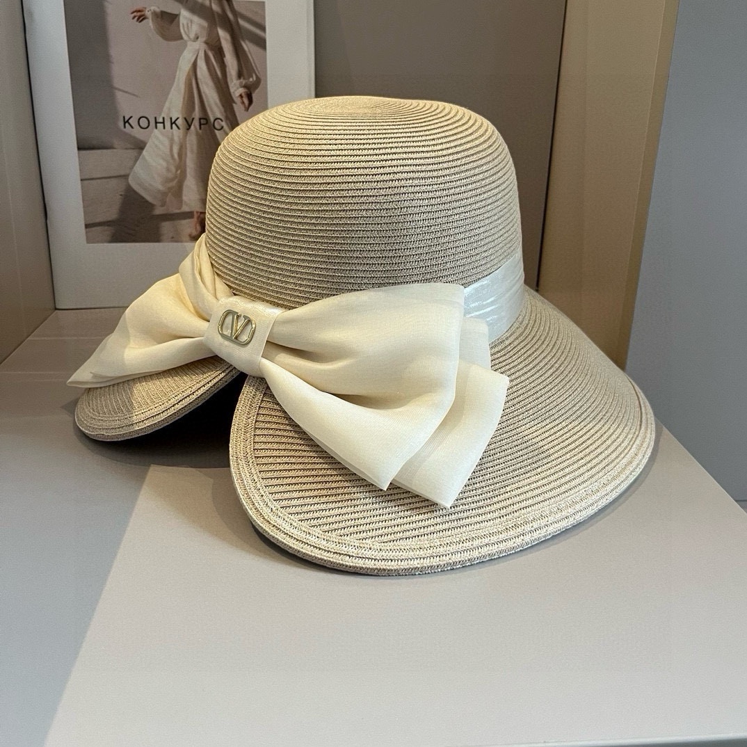 ¥ Valentino nuevo sombrero de paja, lazo de organza, lazo de mariposa con abertura trasera 🎀 accesorio, eleg…
