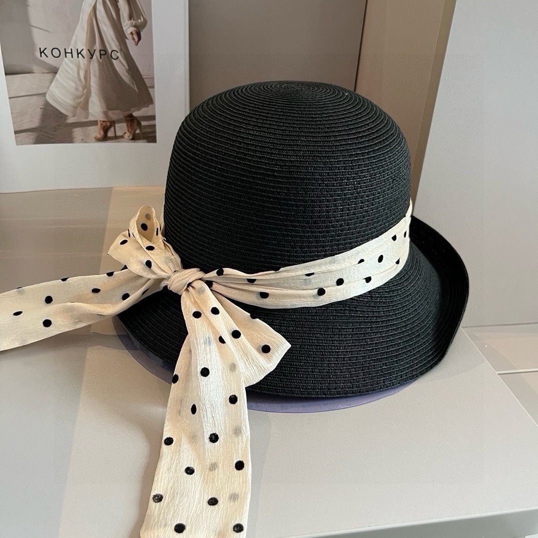 ¥ Sombrero de paja Miu Miu con lunares y ala enrollada, sombrero de paja con cinta, circunferencia de cabeza 57 cm