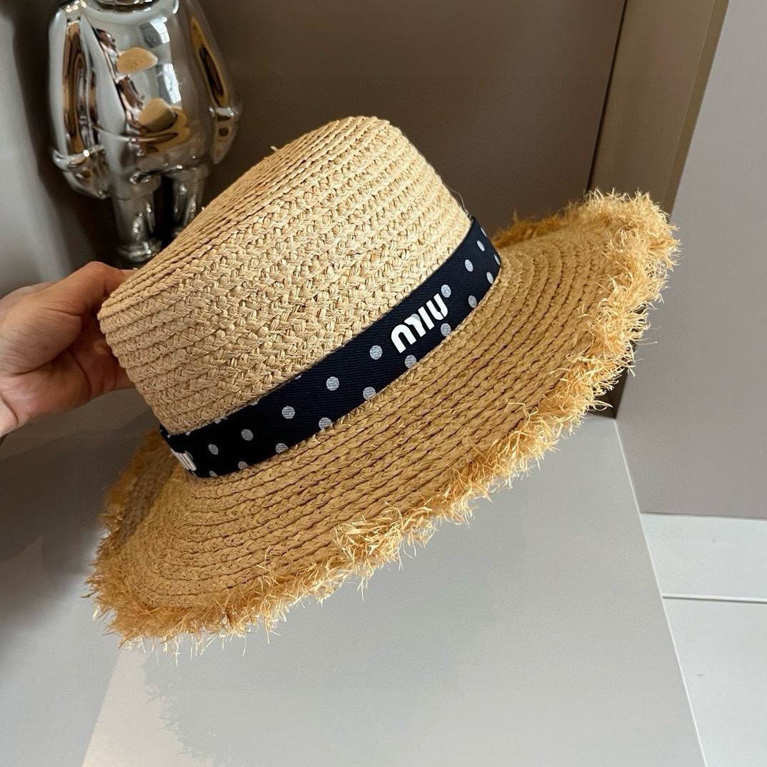 ¥ Sombrero de paja de Miu Miu, sombrero de copa plana, alta personalización, talla de cabeza 57cm