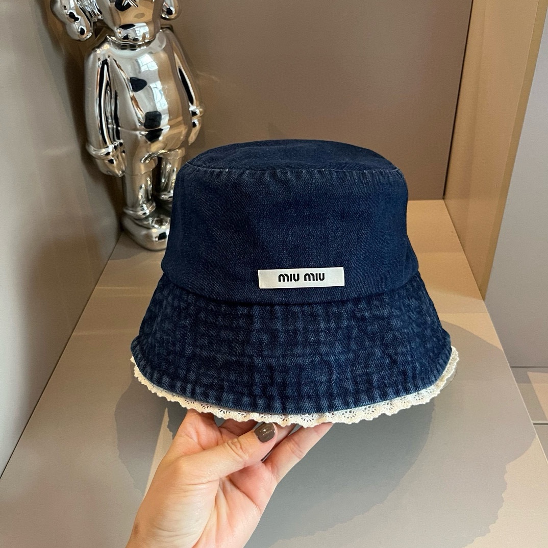 ¥ Sombrero de pescador vaquero de Miu Miu, con encaje, estilo fresco, talla de cabeza 57cm