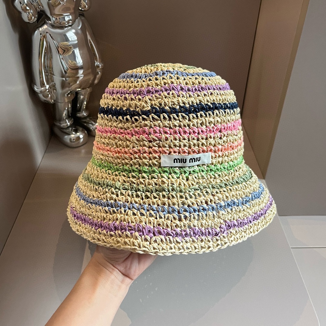 ¥ Nuevo sombrero de paja de miumiu, sombrero de sol tejido a mano, circunferencia de cabeza 57 cm