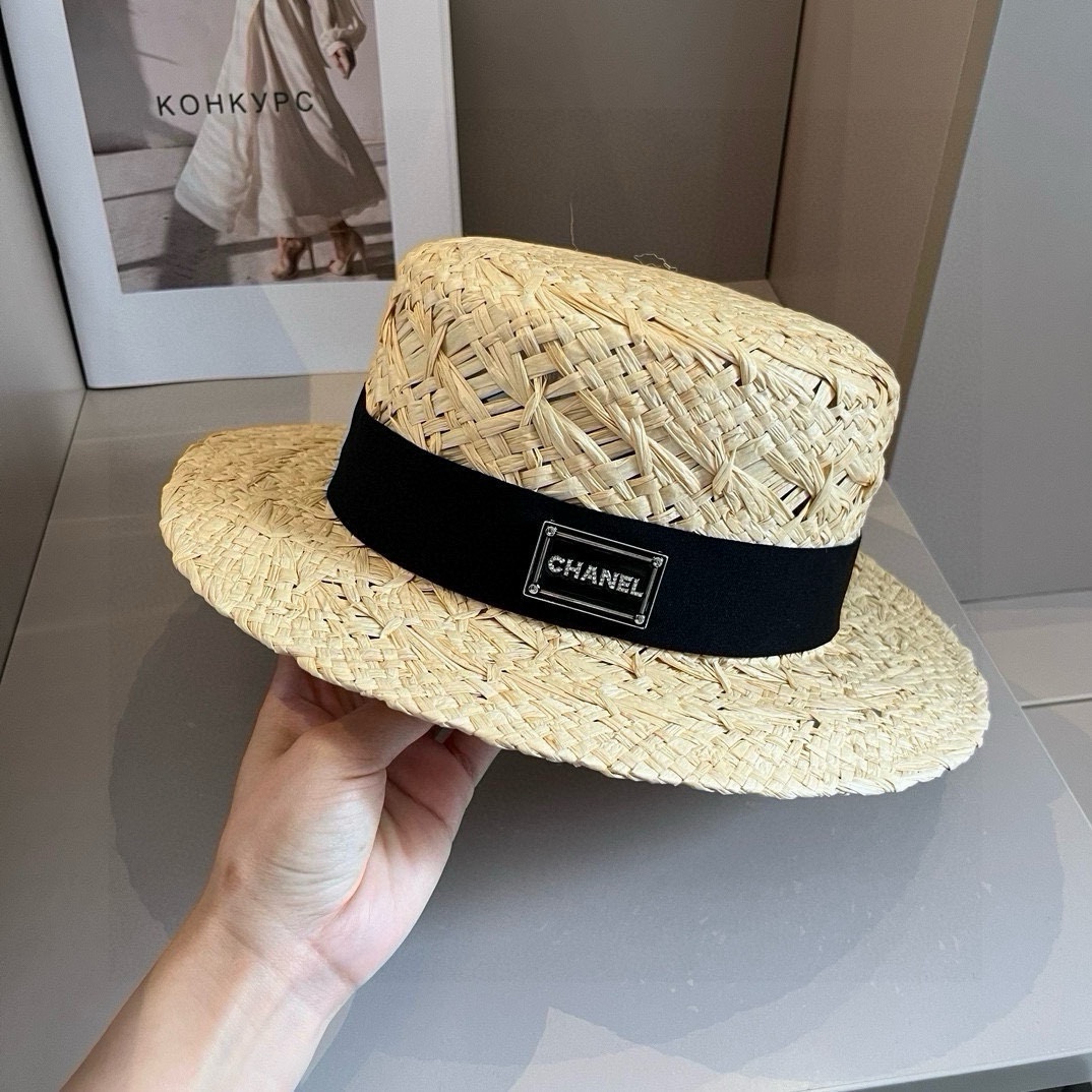¥ Sombrero de paja de copa plana Chanel nuevo modelo 24, sombrero de rafia, circunferencia de cabeza 57cm