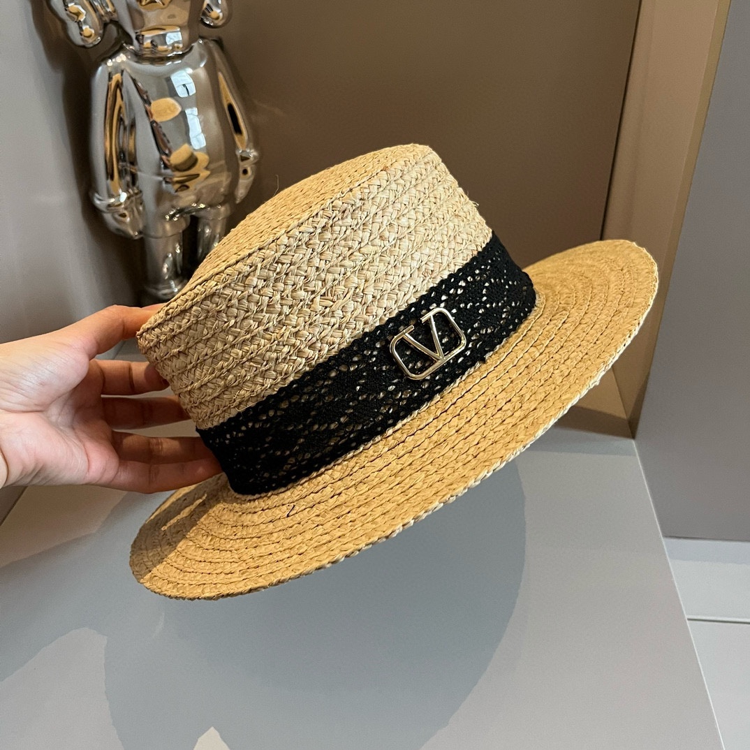 ¥ Valentino nuevo sombrero de rafia, sombrero de copa plana, circunferencia de cabeza 57cm