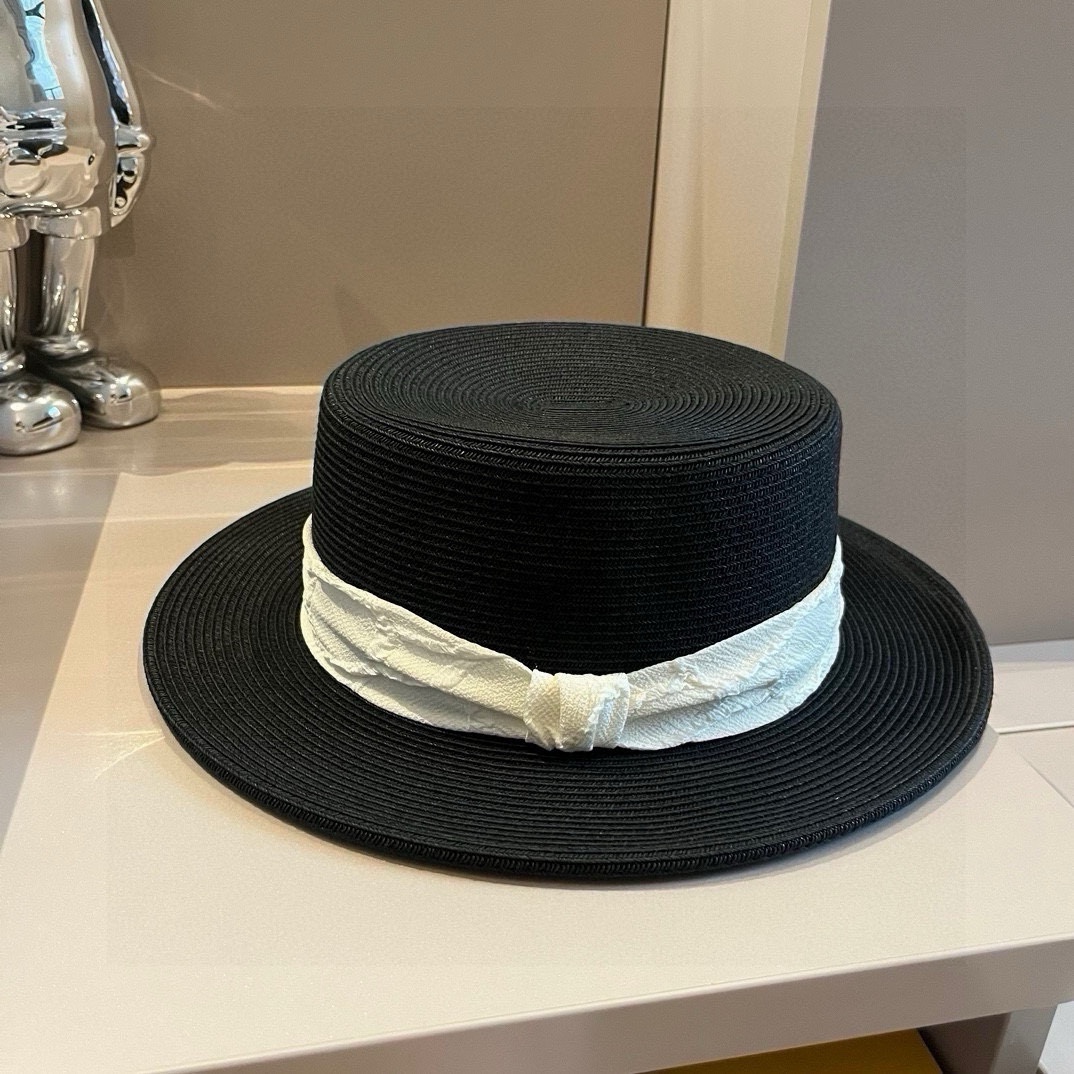 ¥ Chanel sombrero de dama elegante de copa plana, sombrero de paja, circunferencia de cabeza 57cm