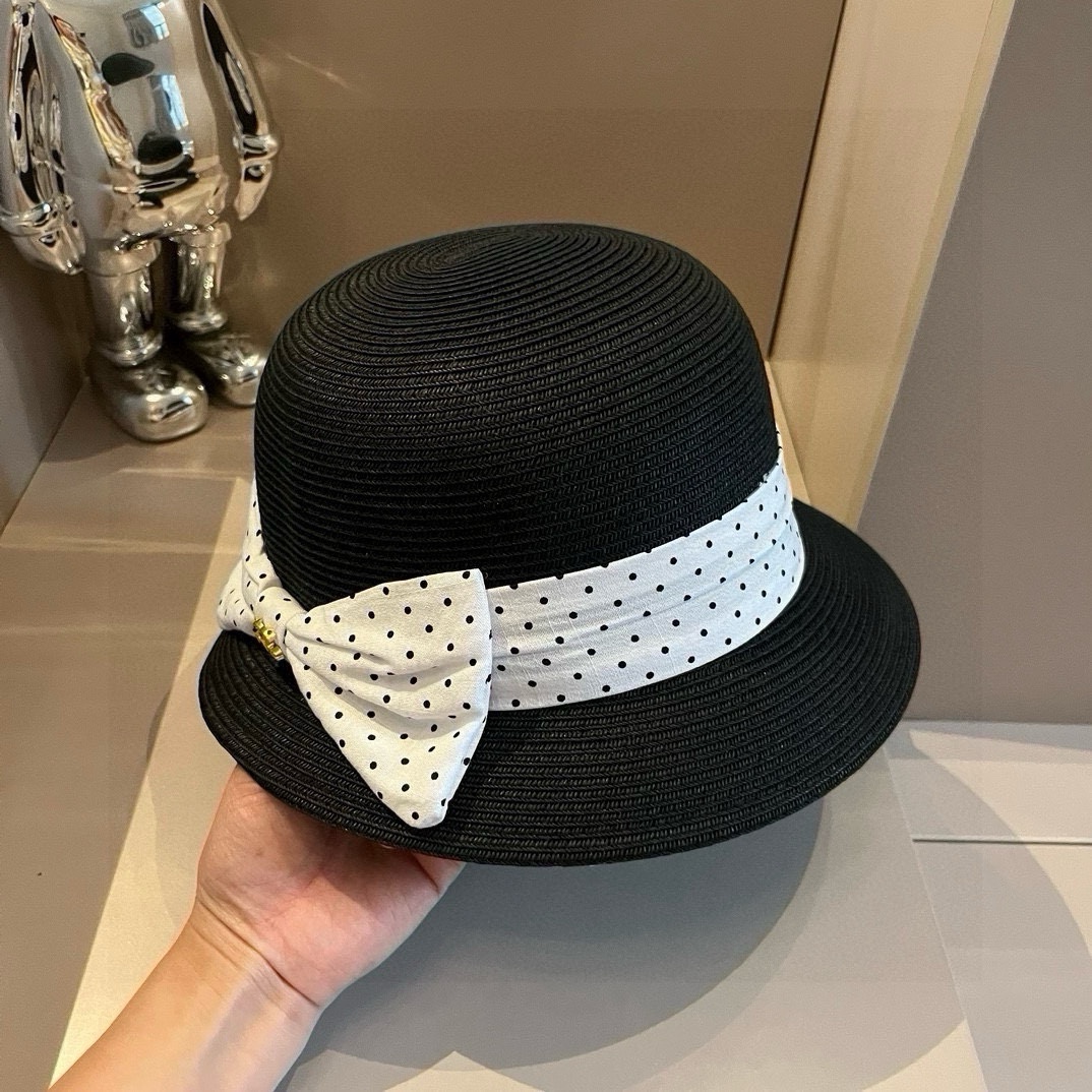 ¥ Chanel sombrero de paja, sombrero redondo de estilo dama elegante, alta costura, circunferencia de cabeza 57cm