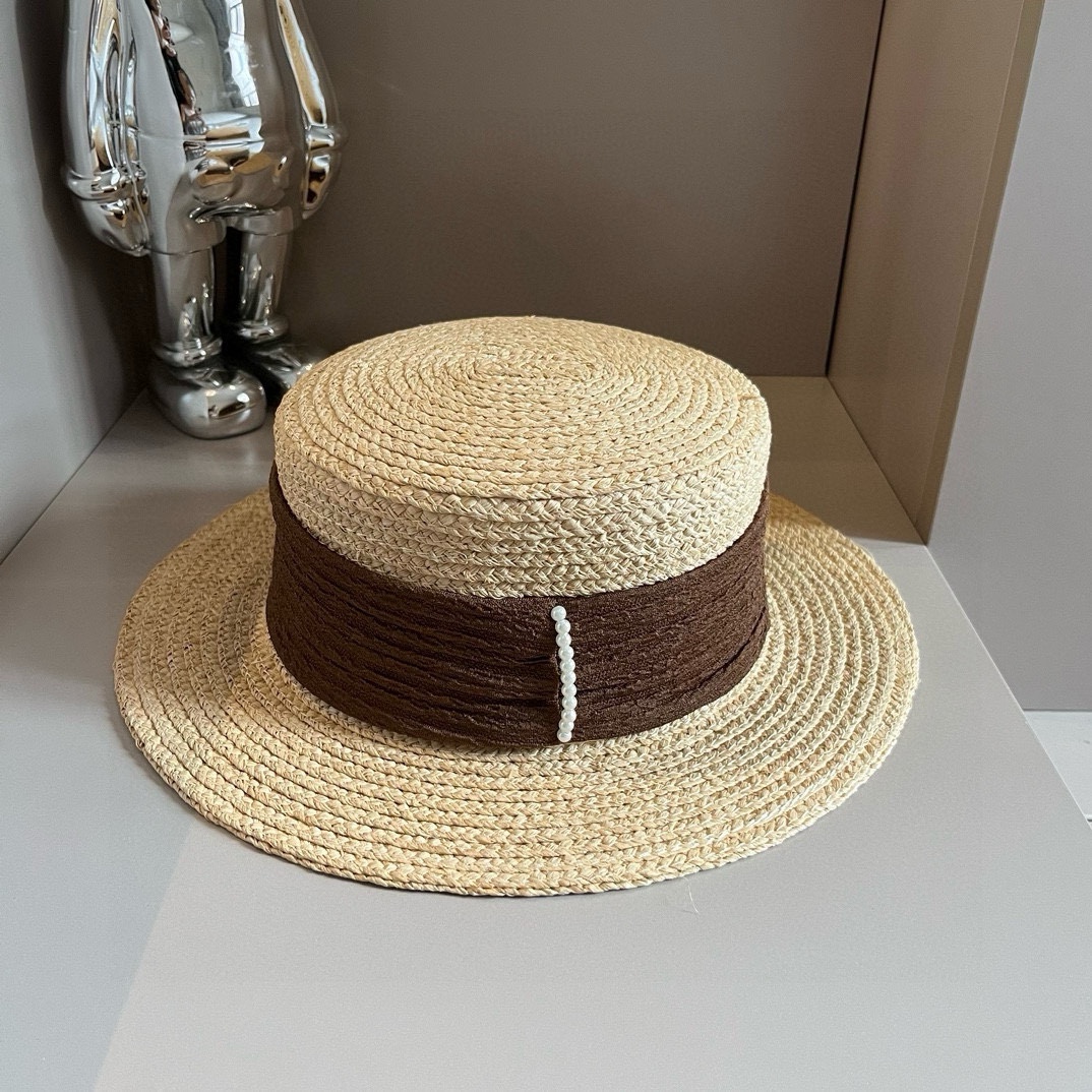 ¥ Chanel sombrero de paja de rafia, sombrero de copa plana, alta costura, circunferencia de cabeza 57cm