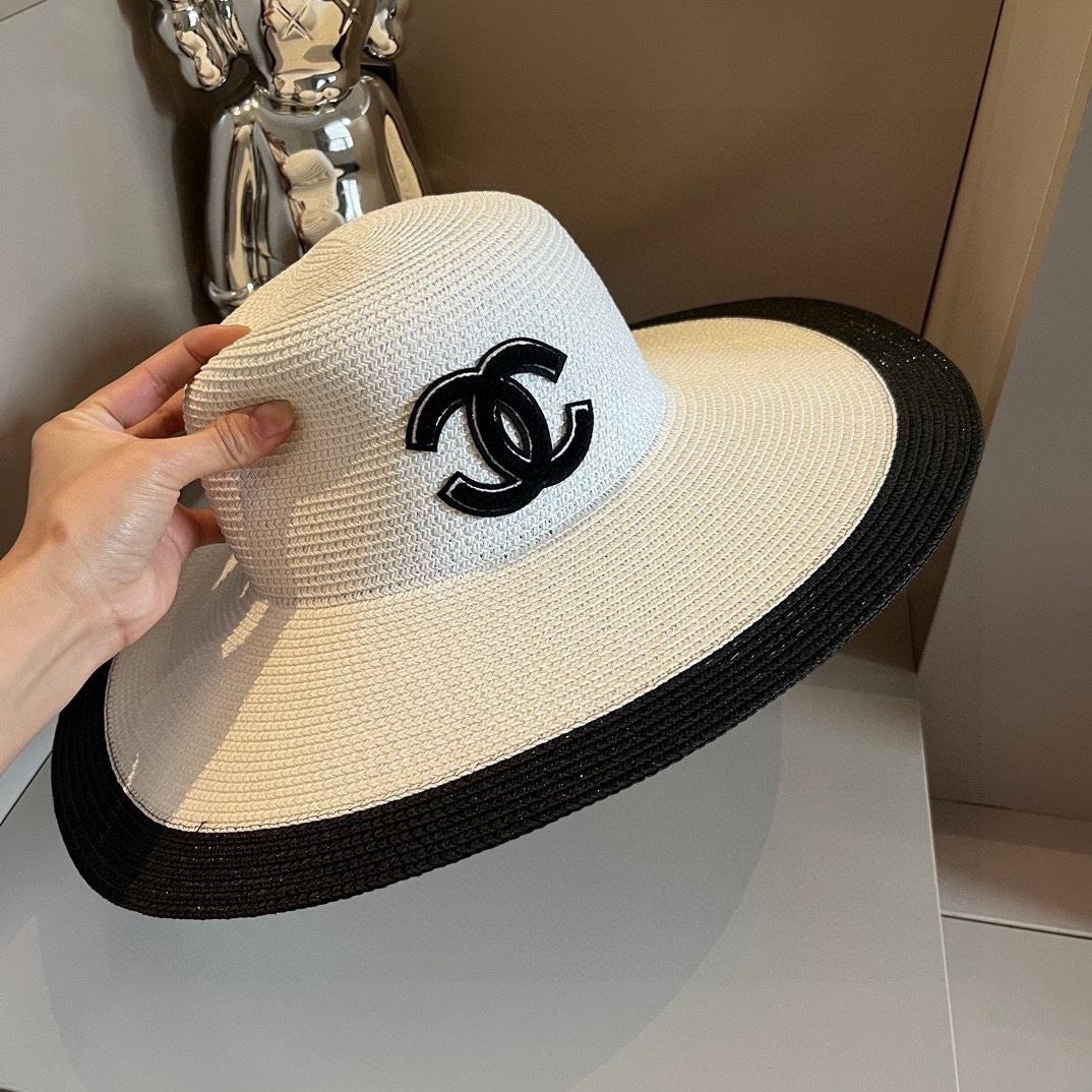 ¥ Chanel sombrero de paja, ala ancha de playa, sombrero de paja de colores, circunferencia de cabeza 57cm