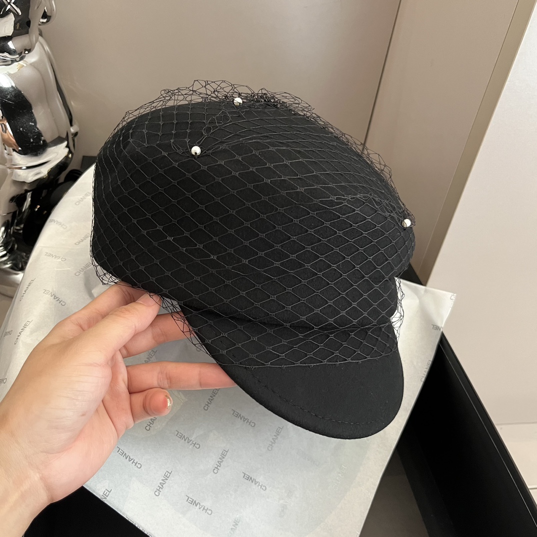 ¥ Negro Dior sombrero de visera militar imprescindible para damas, sombrero de lana con velo 🦙, tela de lana 100%, cir…