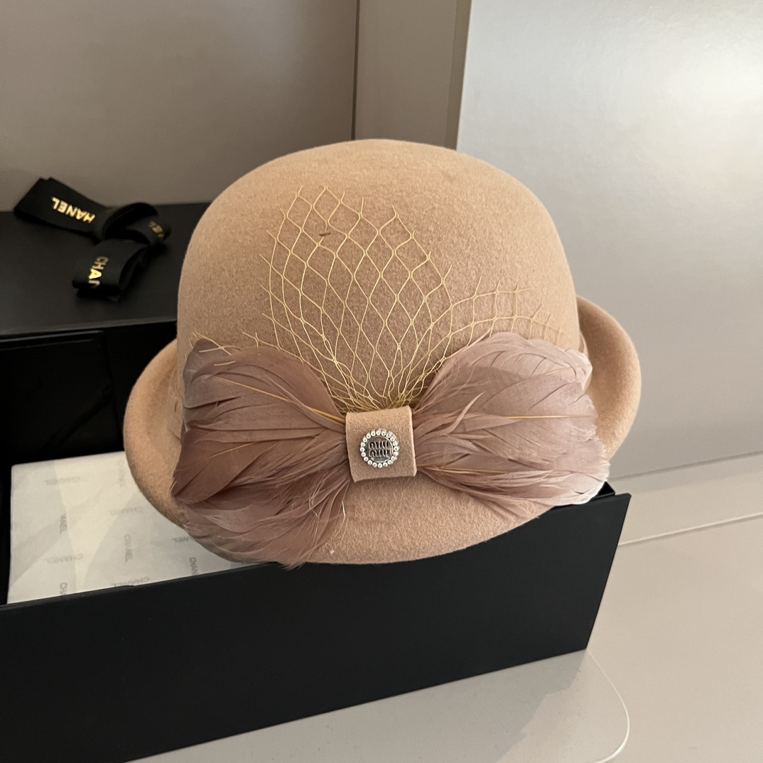 ¥ Caqui MiuMiu MiuMiu 2024 Otoño/Invierno Nuevo Sombrero de Lana, Sombrero de Lana de Otoño/Invierno, 100% Lana 🦙%, Ci…
