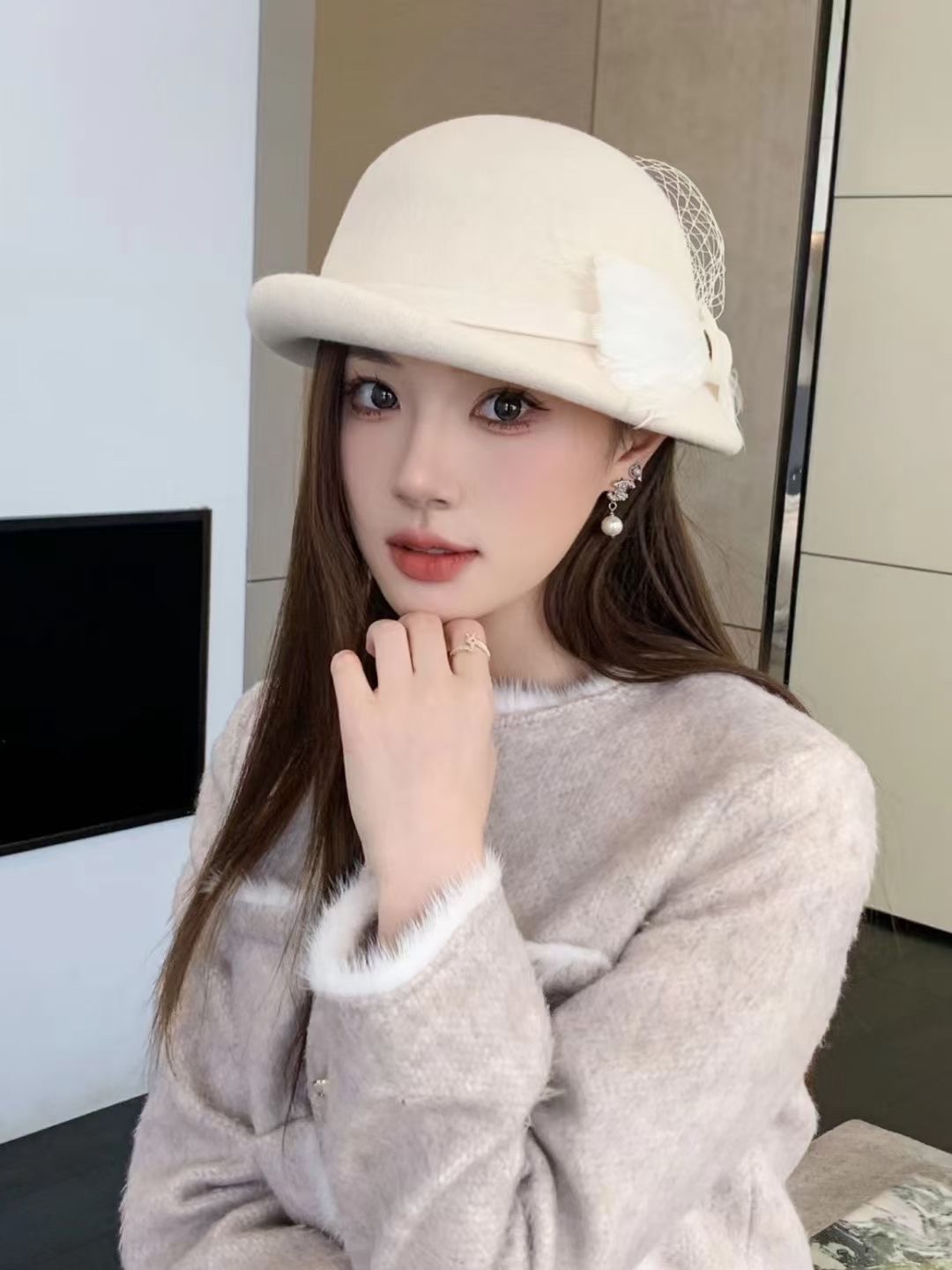 ¥ Blanco MiuMiu MiuMiu 2024 Otoño/Invierno Nuevo Sombrero de Lana, Sombrero de Lana de Otoño/Invierno, 100% Lana 🦙%, C…