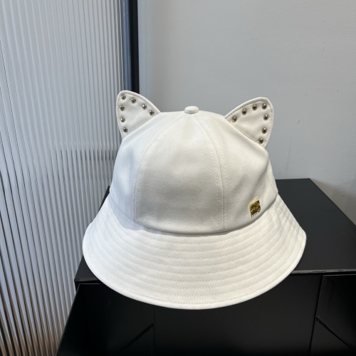 Miu Miu Cat Ear Studded Bucket Hat - White Cotton, 57cm Head Circumference 1 Miu Miu Cat Ear Studded Bucket Hat - White Cotton, 57cm Head Circumference